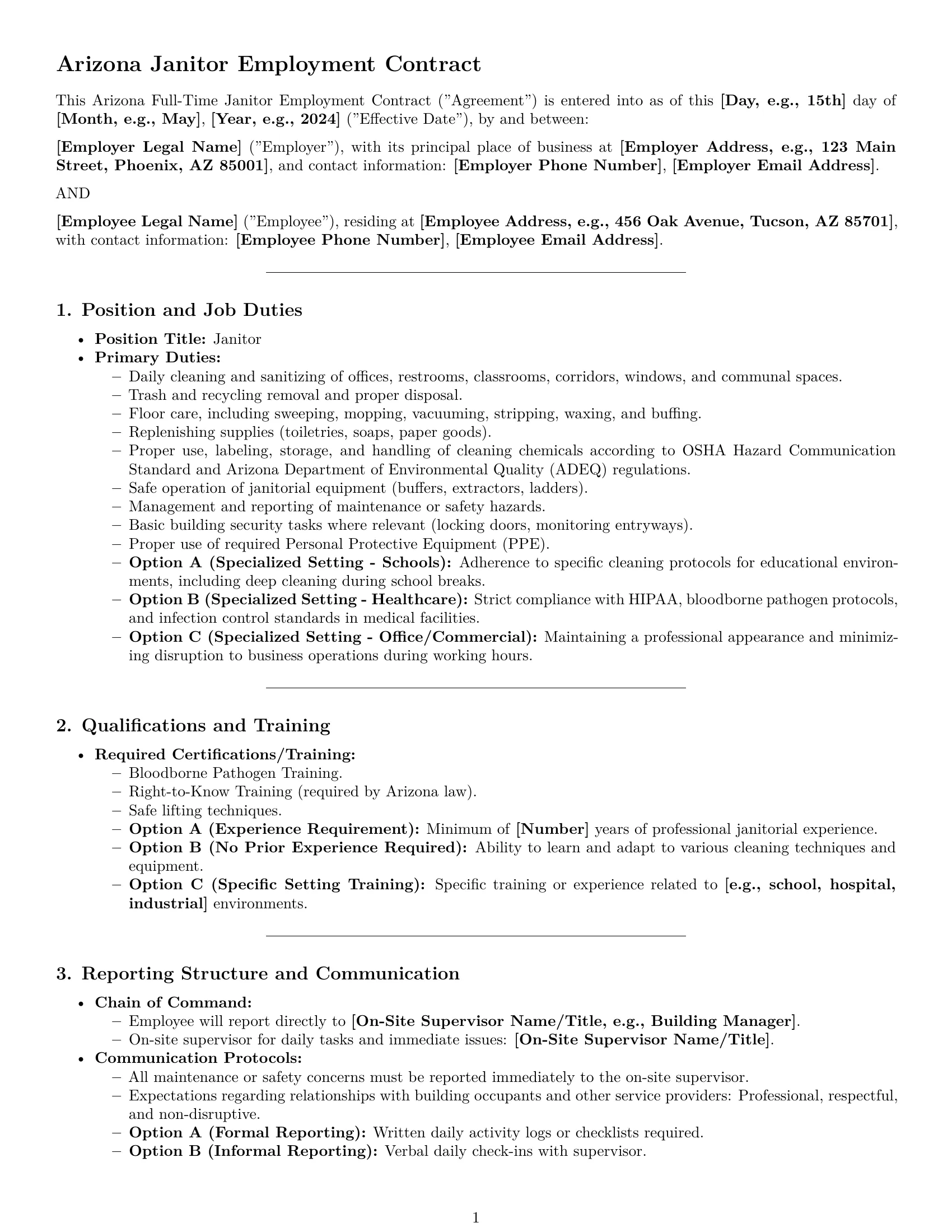 Preview page 1 of Pro Arizona janitor employment contract template