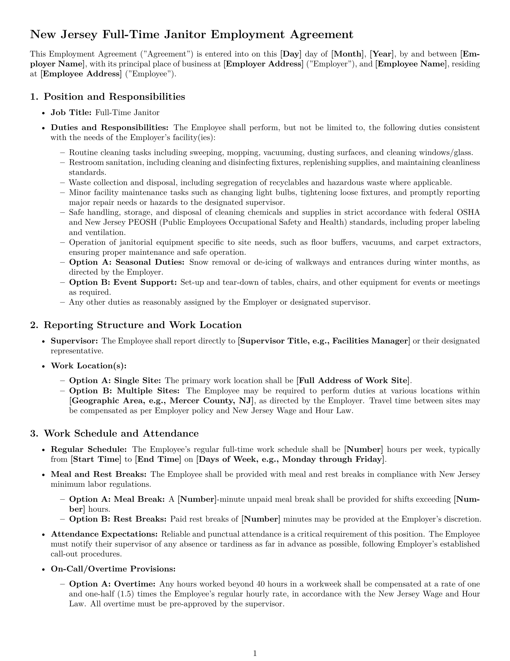 Preview page 1 of Pro New Jersey janitor employment contract template