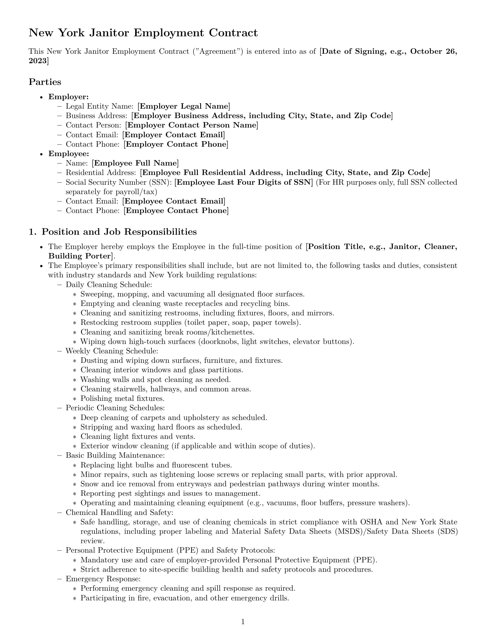 Preview page 1 of Pro New York janitor employment contract template