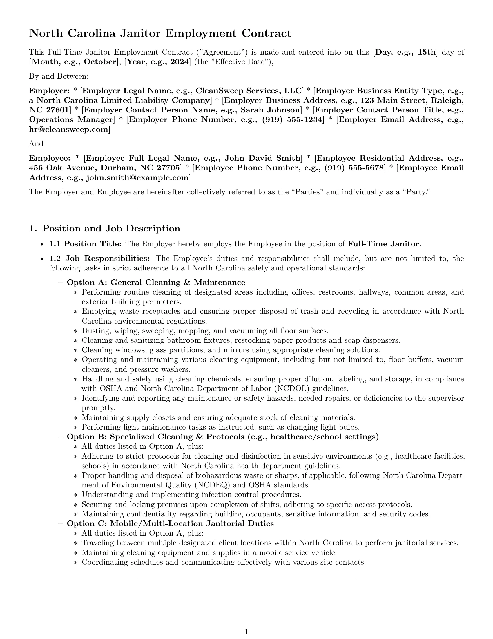Preview page 1 of Pro North Carolina janitor employment contract template
