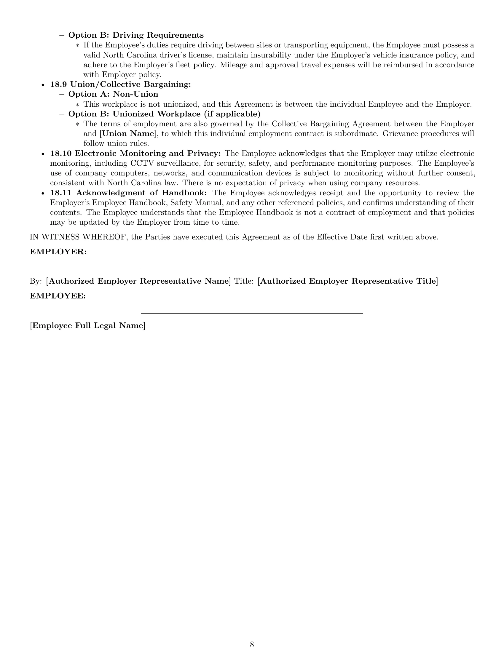 Preview page 8 of Pro North Carolina janitor employment contract template