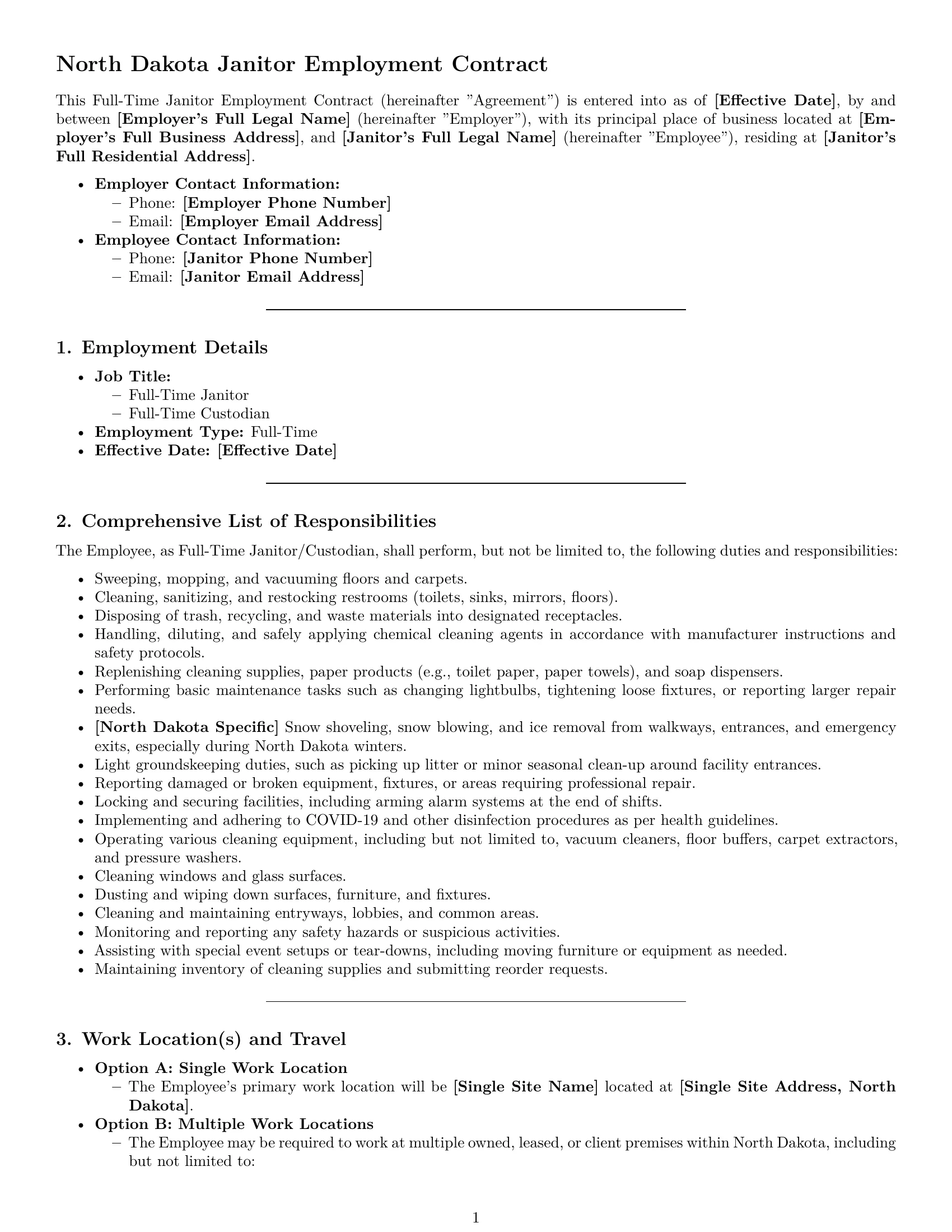 Preview page 1 of Pro North Dakota janitor employment contract template