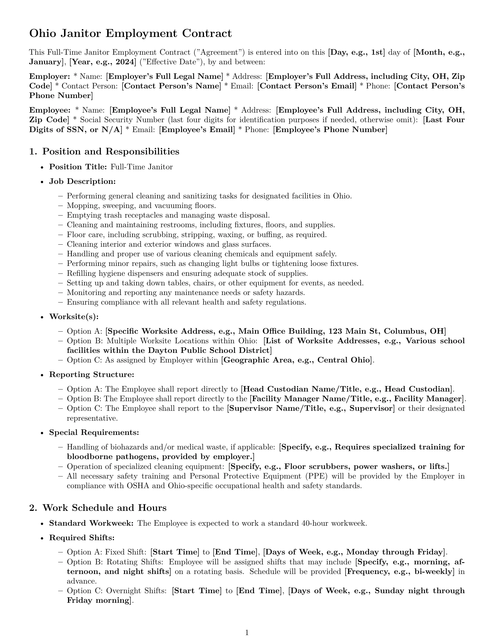Preview page 1 of Pro Ohio janitor employment contract template