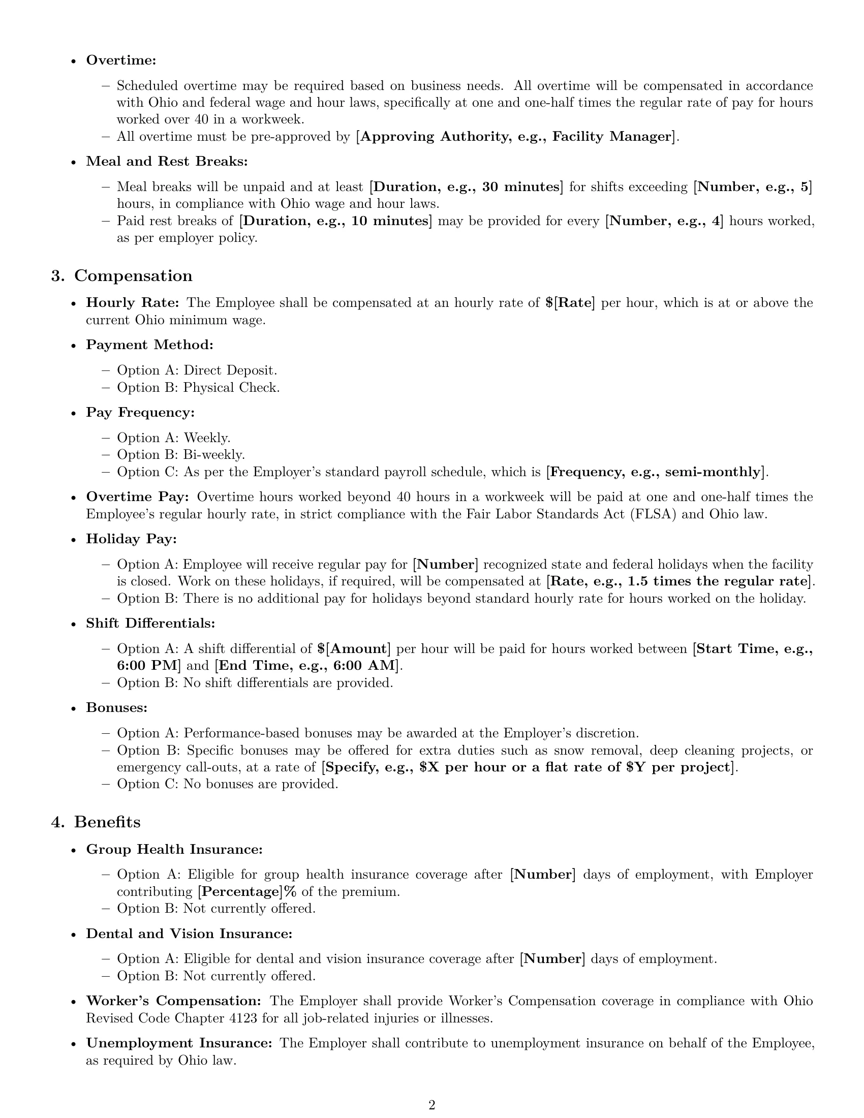 Preview page 2 of Pro Ohio janitor employment contract template