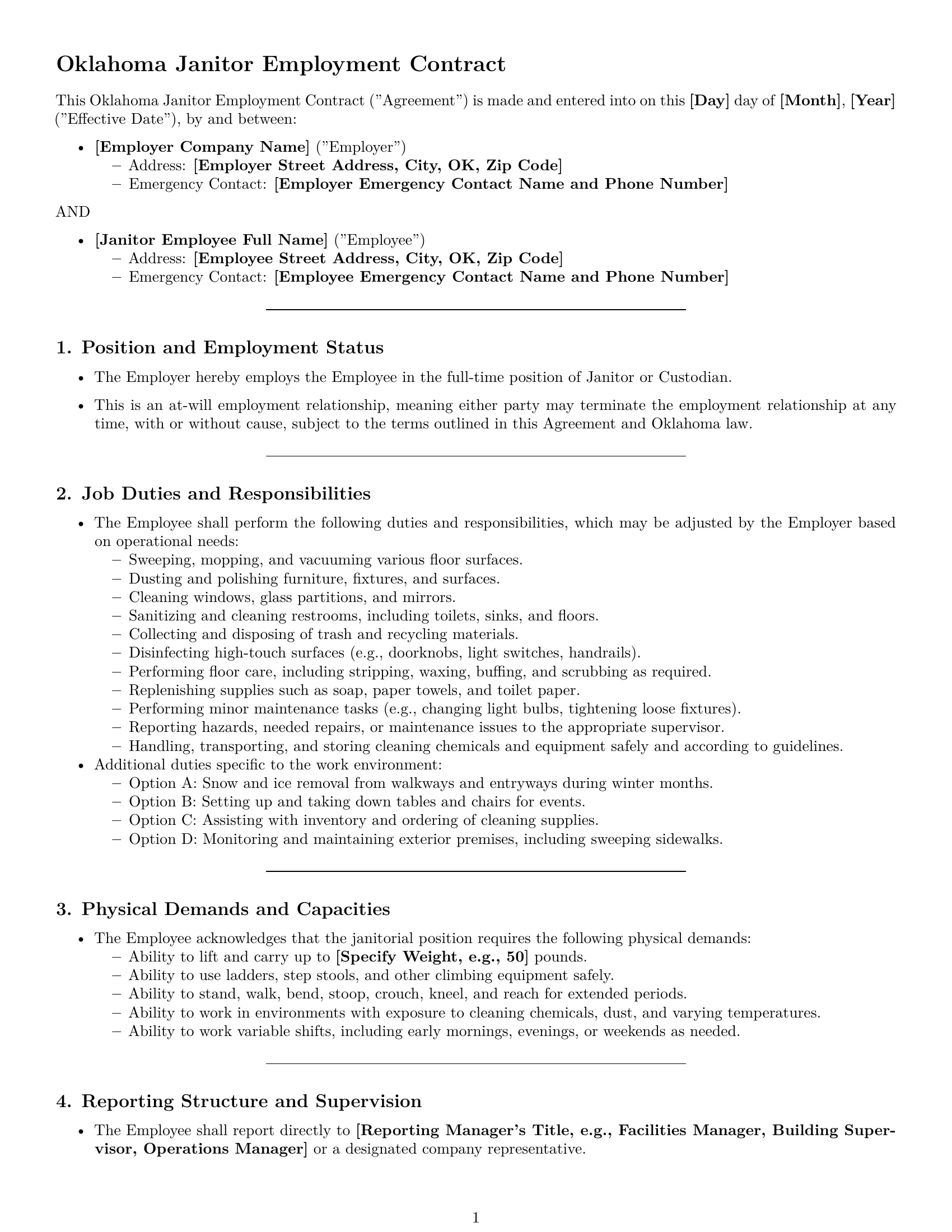 Preview page 1 of Pro Oklahoma janitor employment contract template