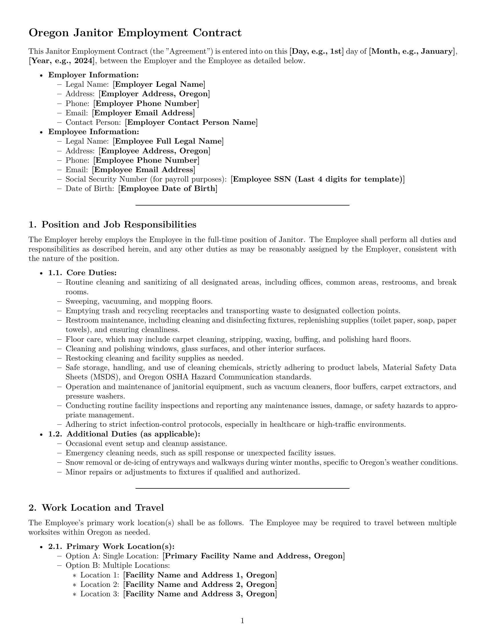 Preview page 1 of Pro Oregon janitor employment contract template