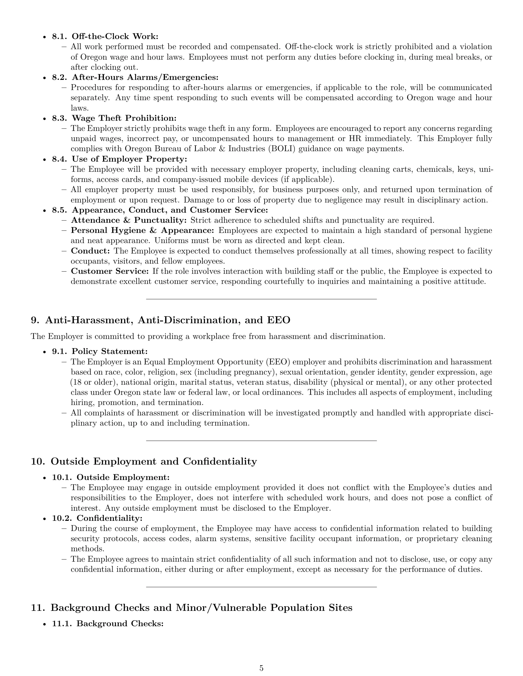 Preview page 5 of Pro Oregon janitor employment contract template