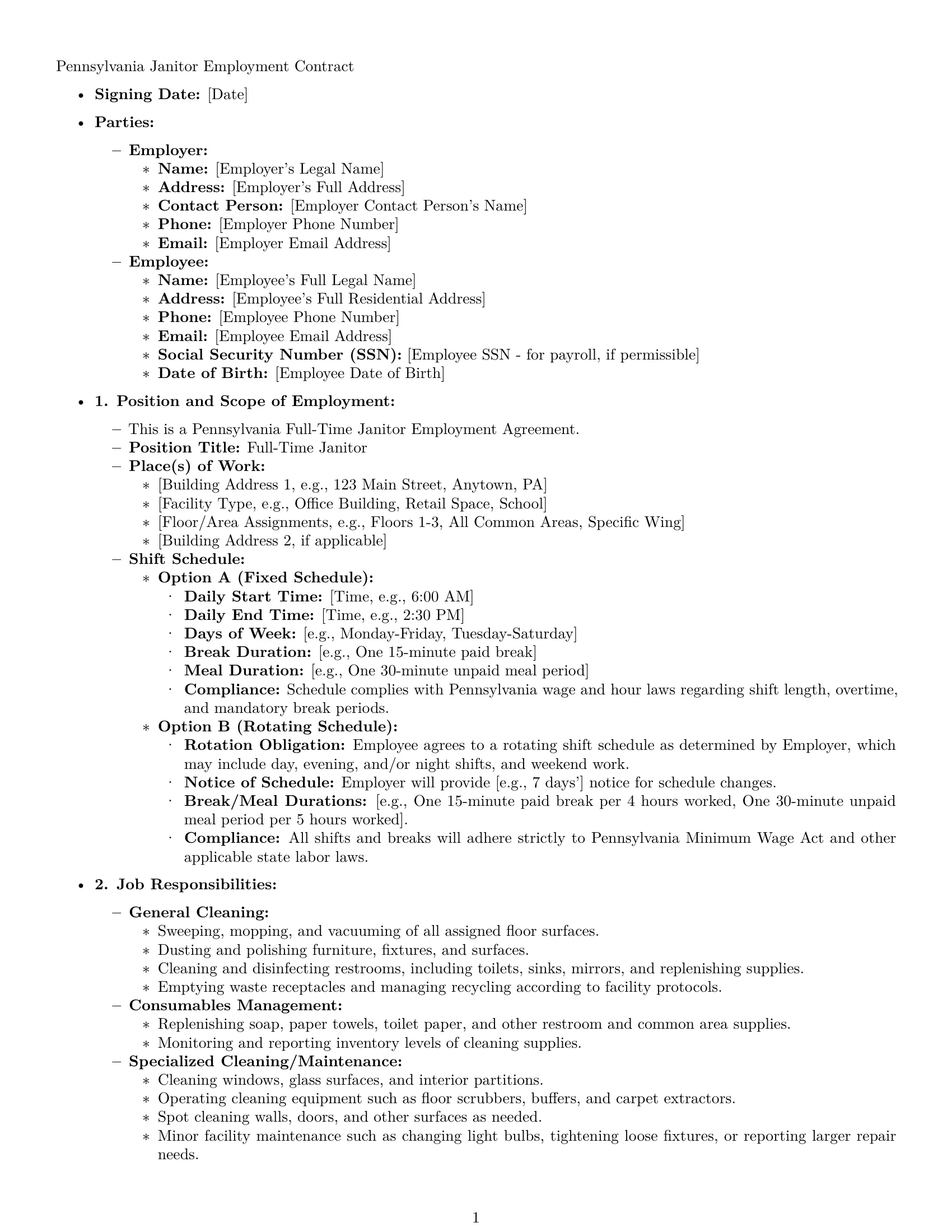 Preview page 1 of Pro Pennsylvania janitor employment contract template