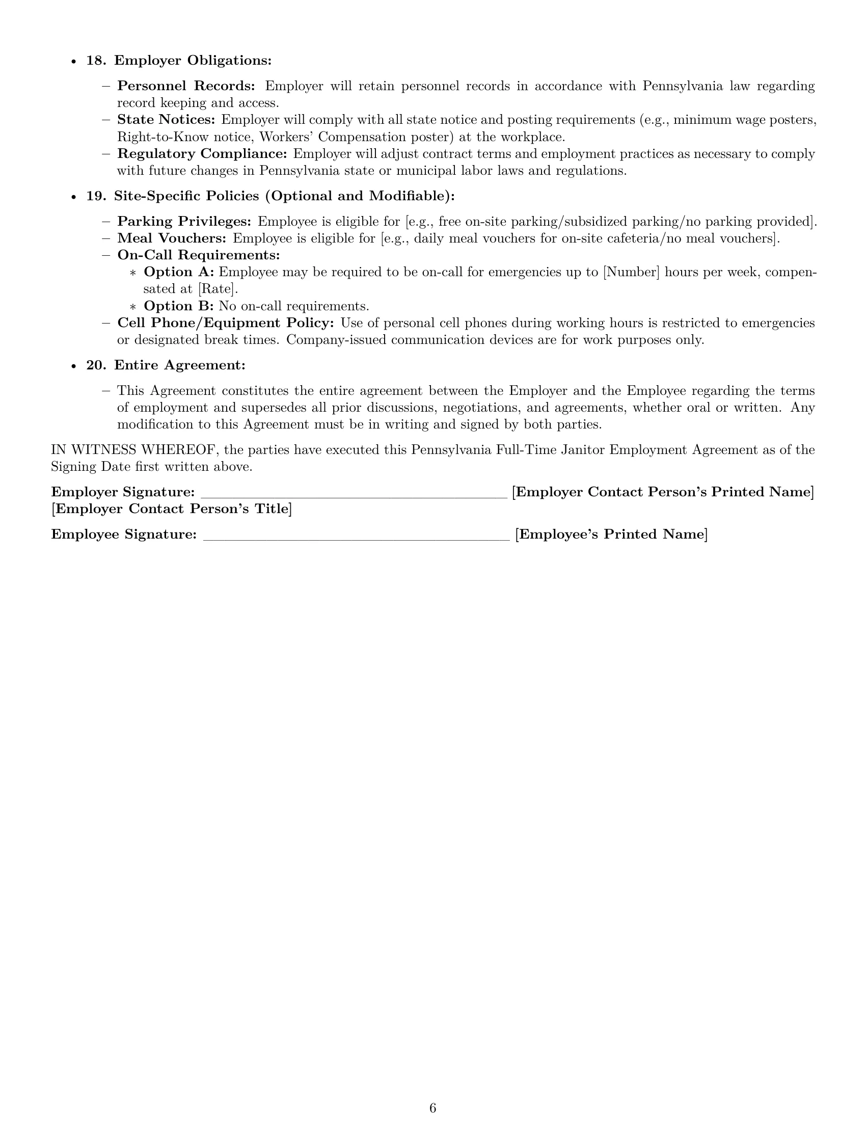 Preview page 6 of Pro Pennsylvania janitor employment contract template