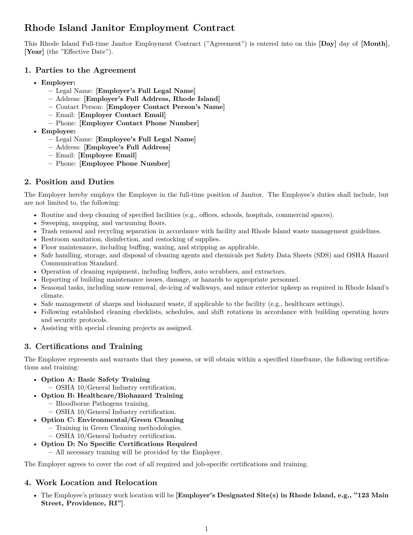 Preview page 1 of Pro Rhode Island janitor employment contract template