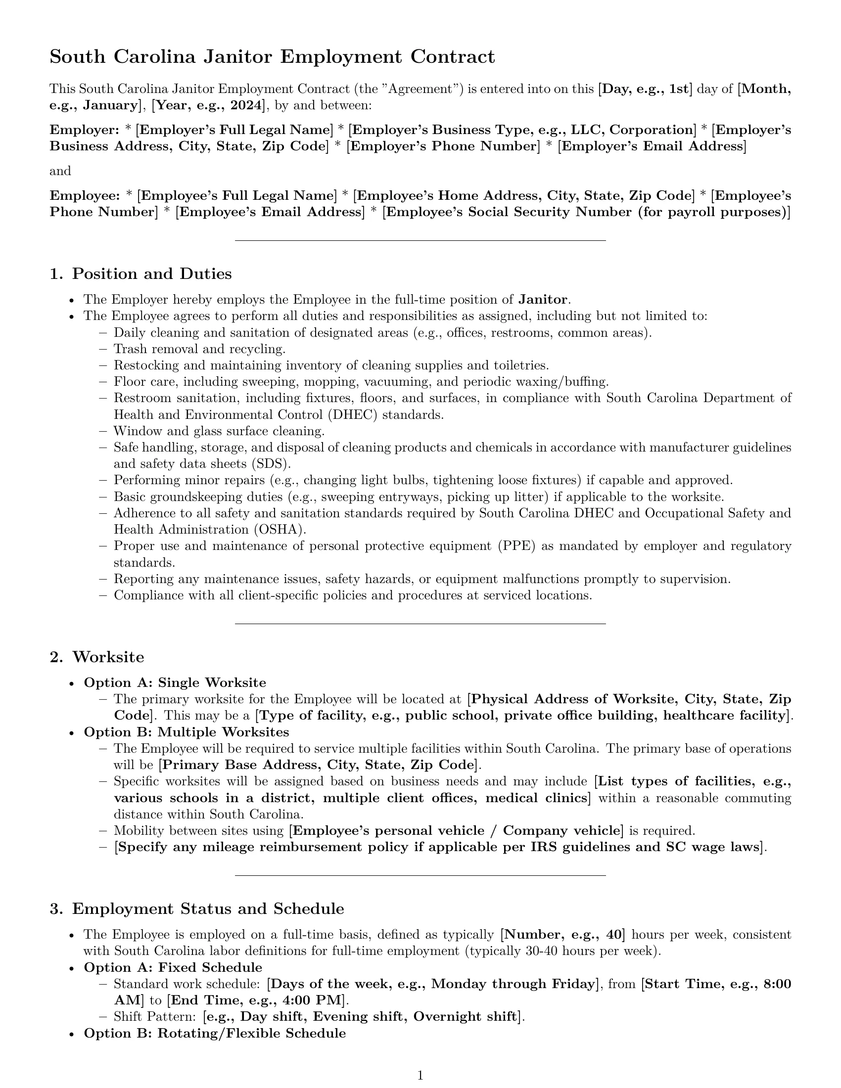 Preview page 1 of Pro South Carolina janitor employment contract template