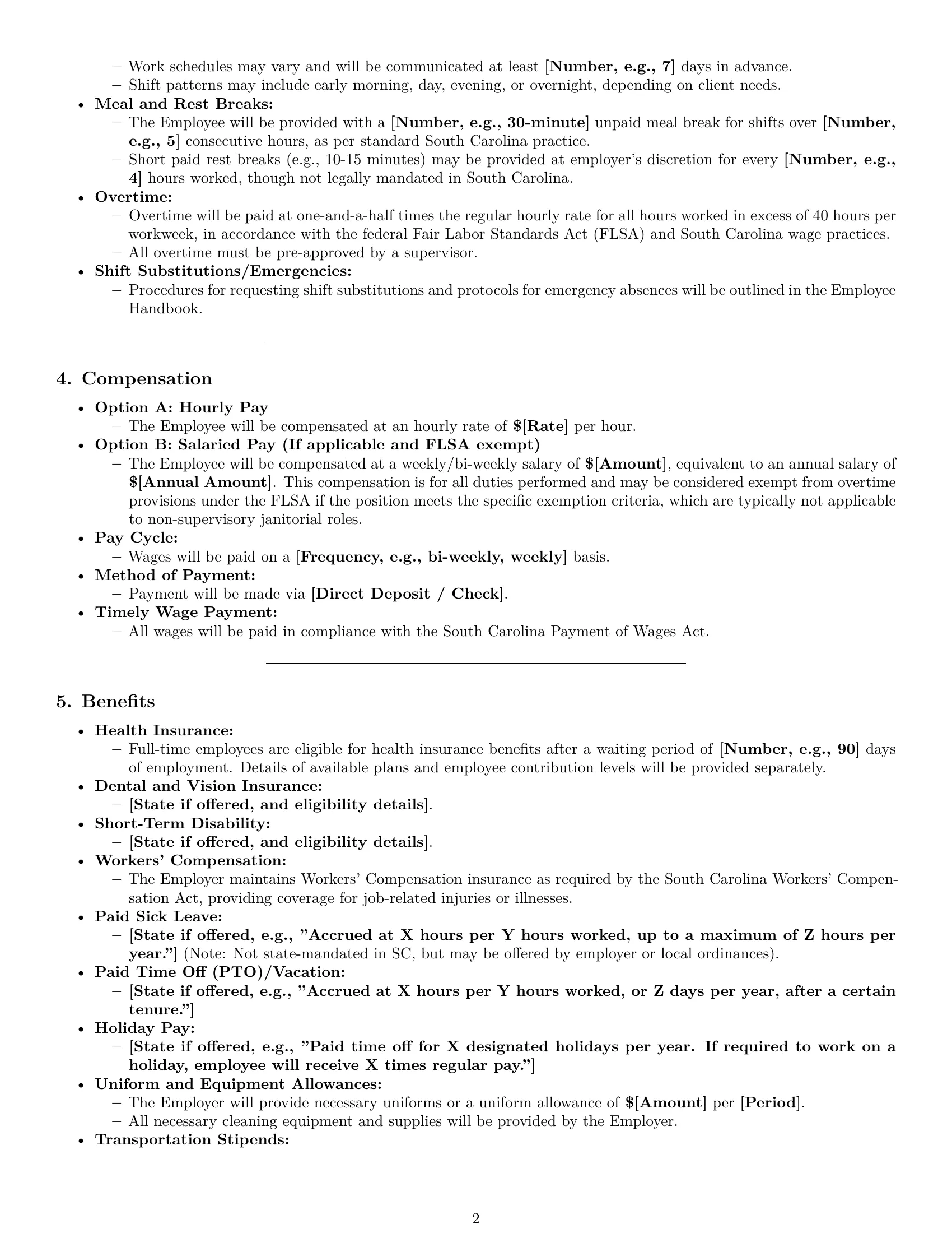 Preview page 2 of Pro South Carolina janitor employment contract template