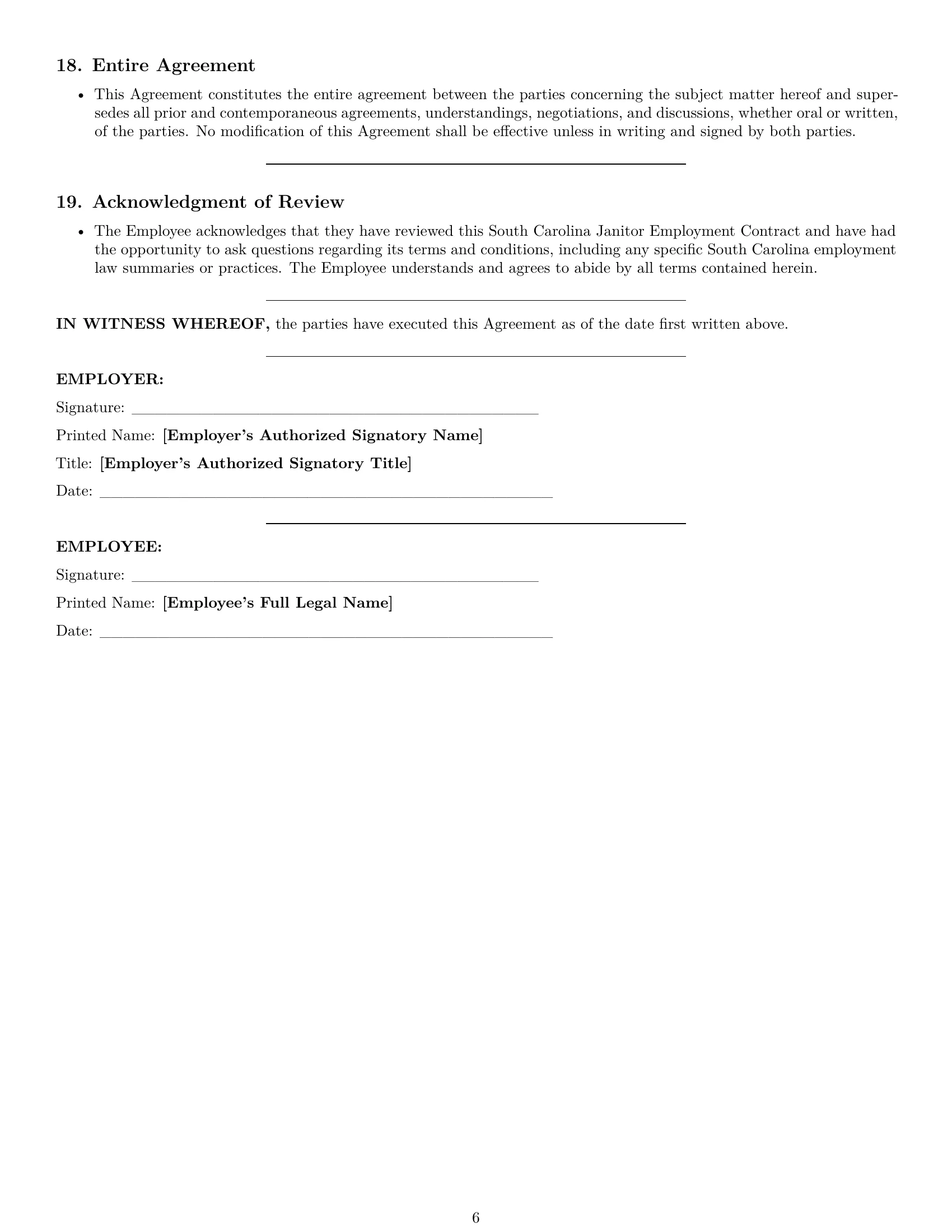 Preview page 6 of Pro South Carolina janitor employment contract template