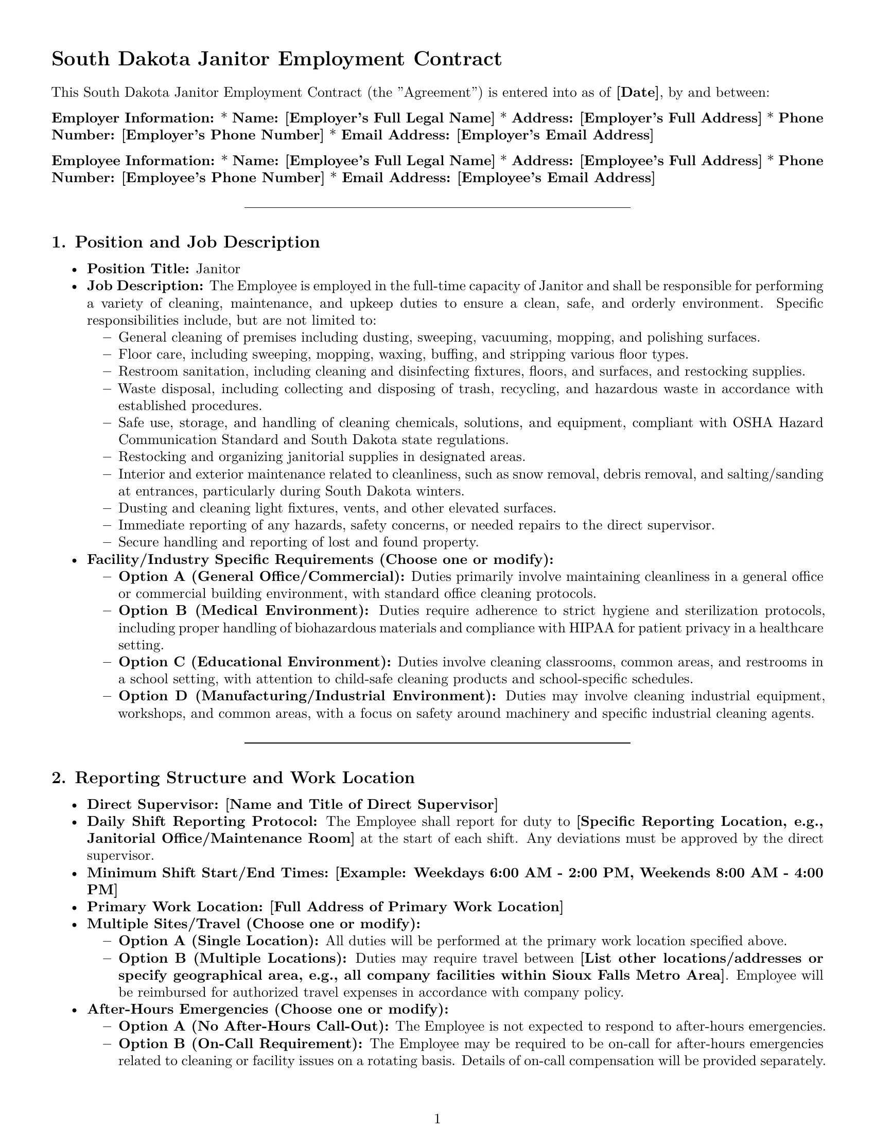Preview page 1 of Pro South Dakota janitor employment contract template