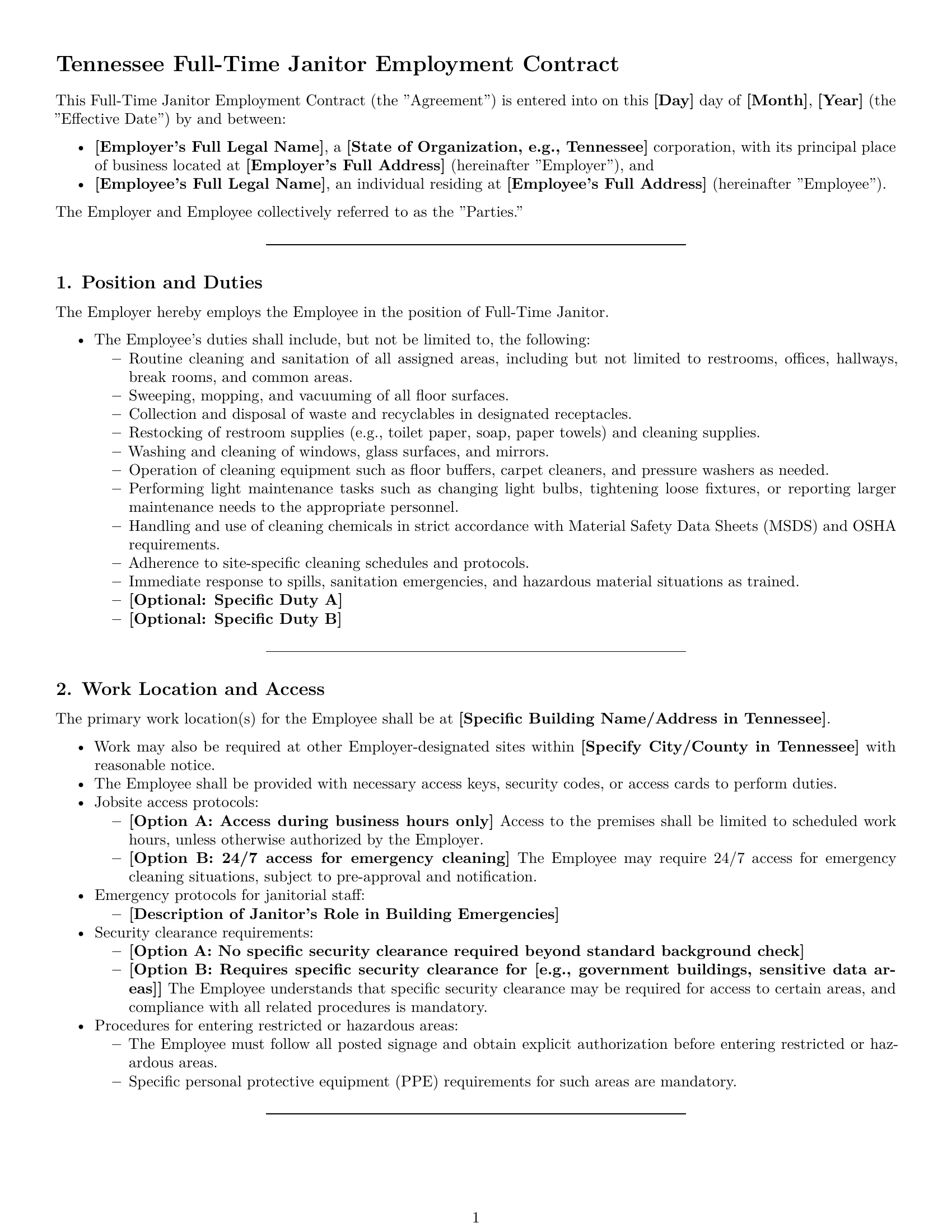 Preview page 1 of Pro Tennessee janitor employment contract template