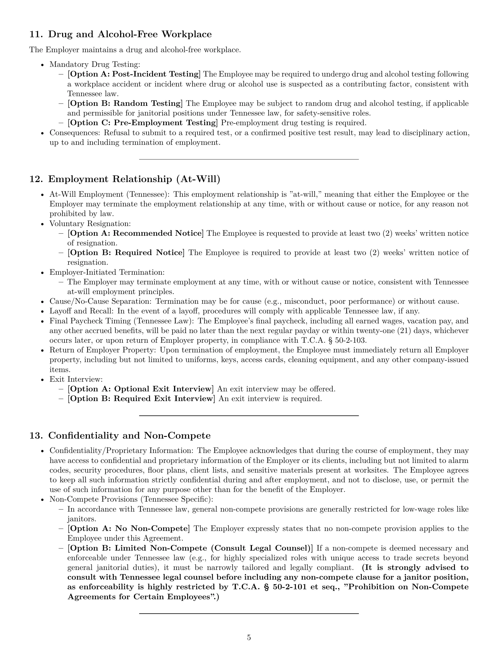 Preview page 5 of Pro Tennessee janitor employment contract template
