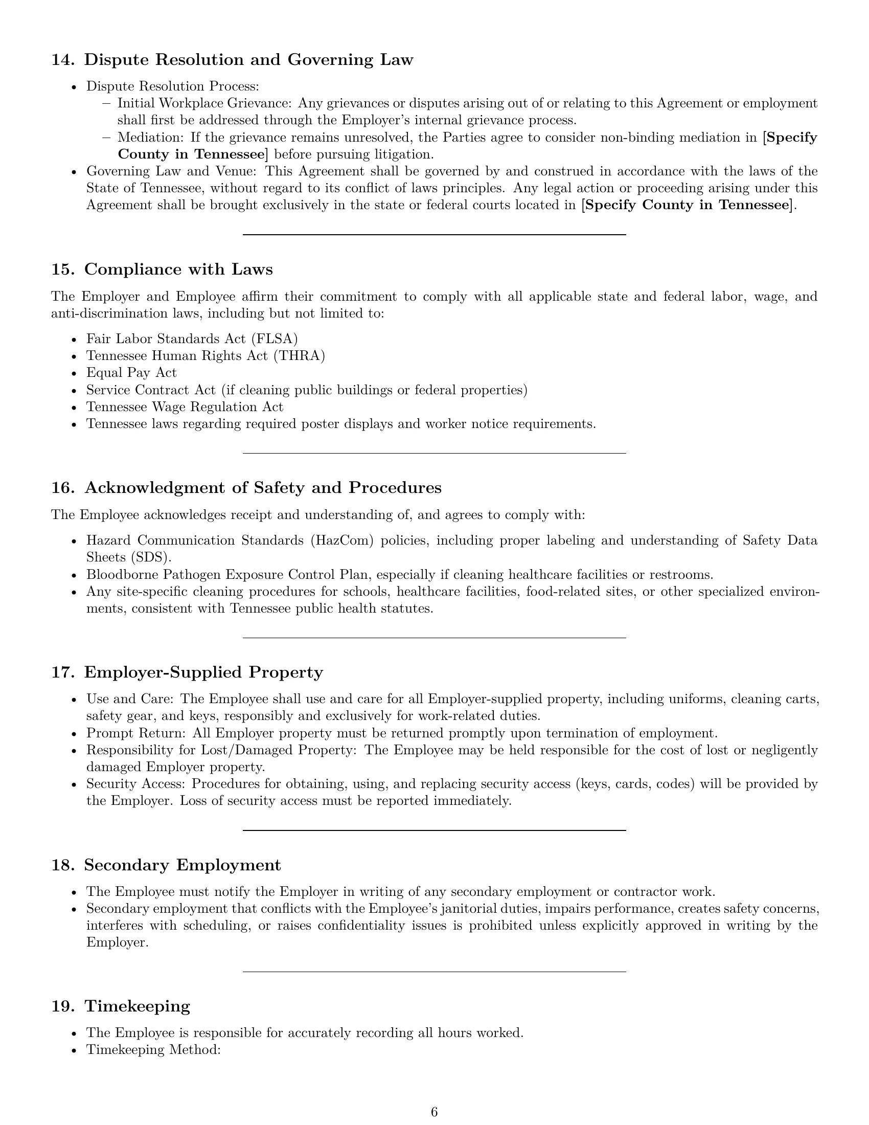 Preview page 6 of Pro Tennessee janitor employment contract template