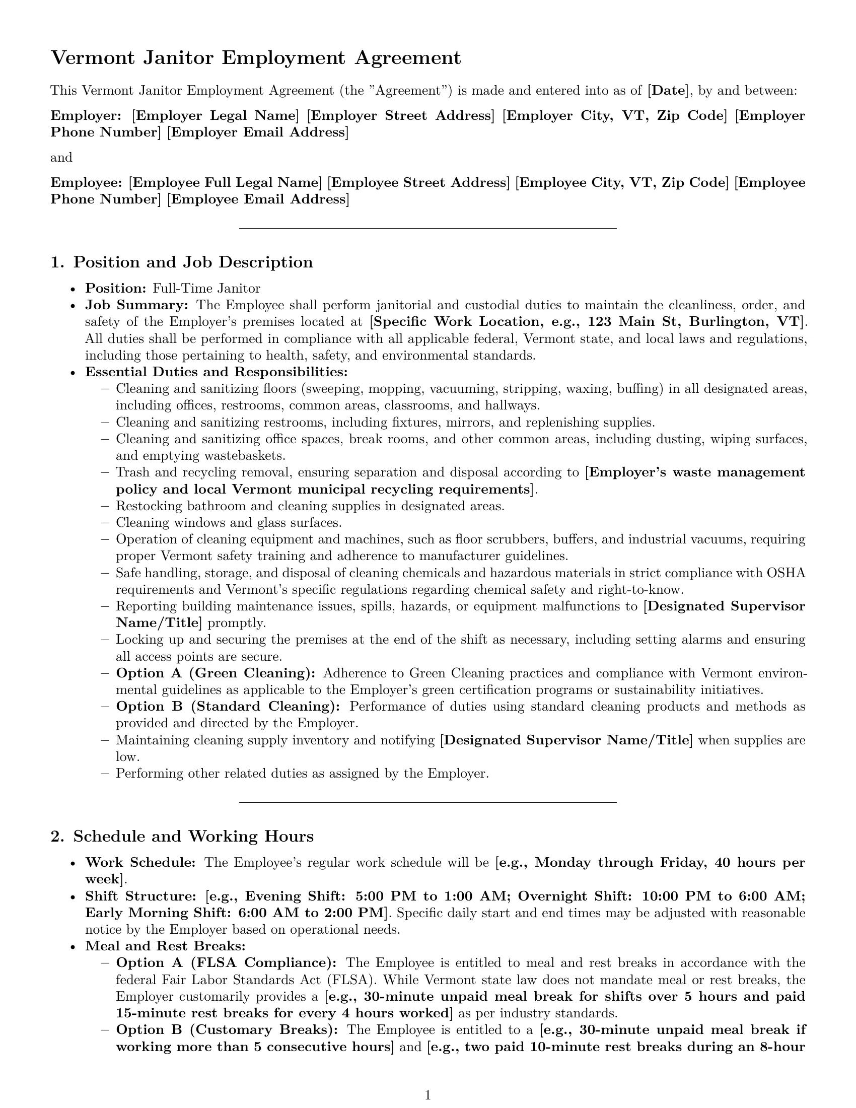 Preview page 1 of Pro Vermont janitor employment contract template