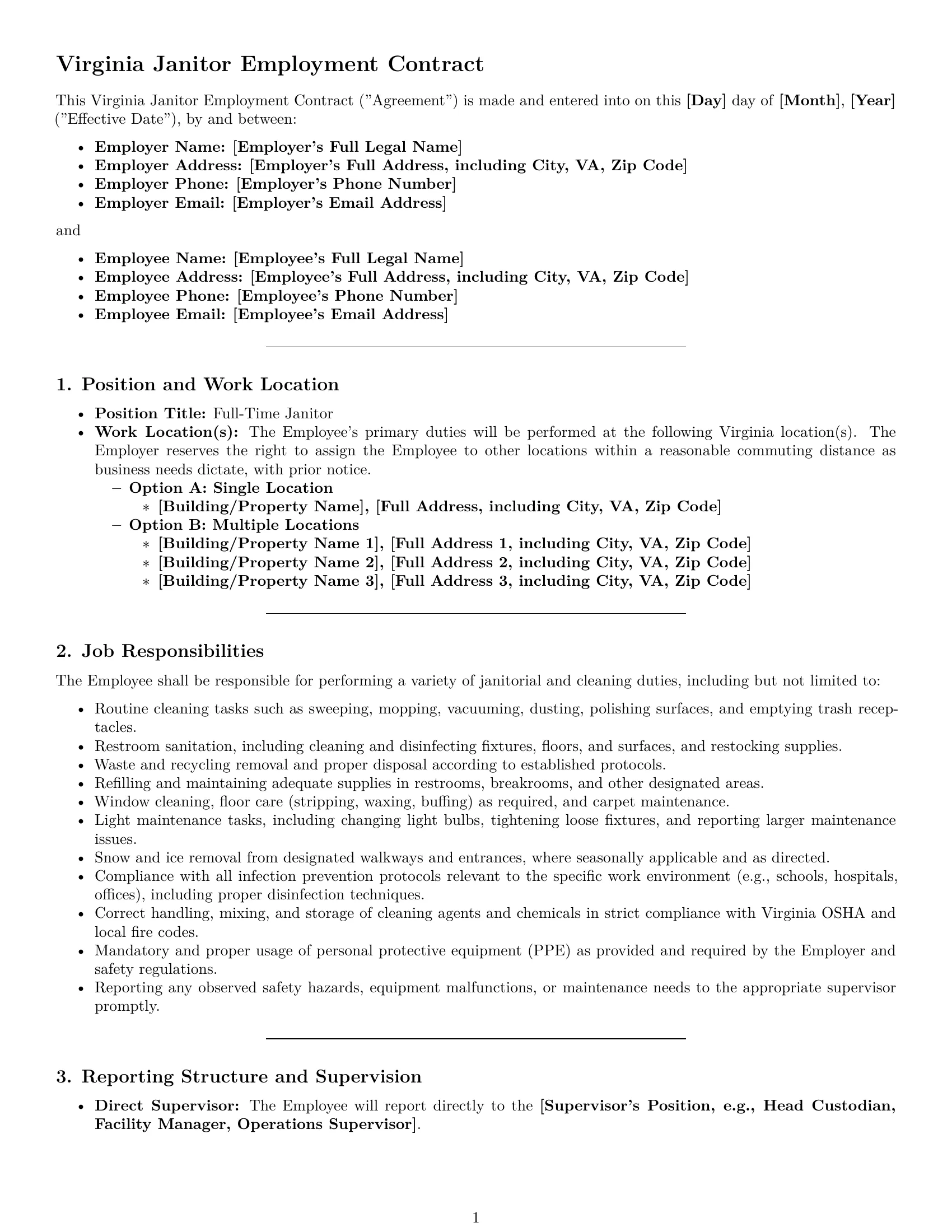 Preview page 1 of Pro Virginia janitor employment contract template