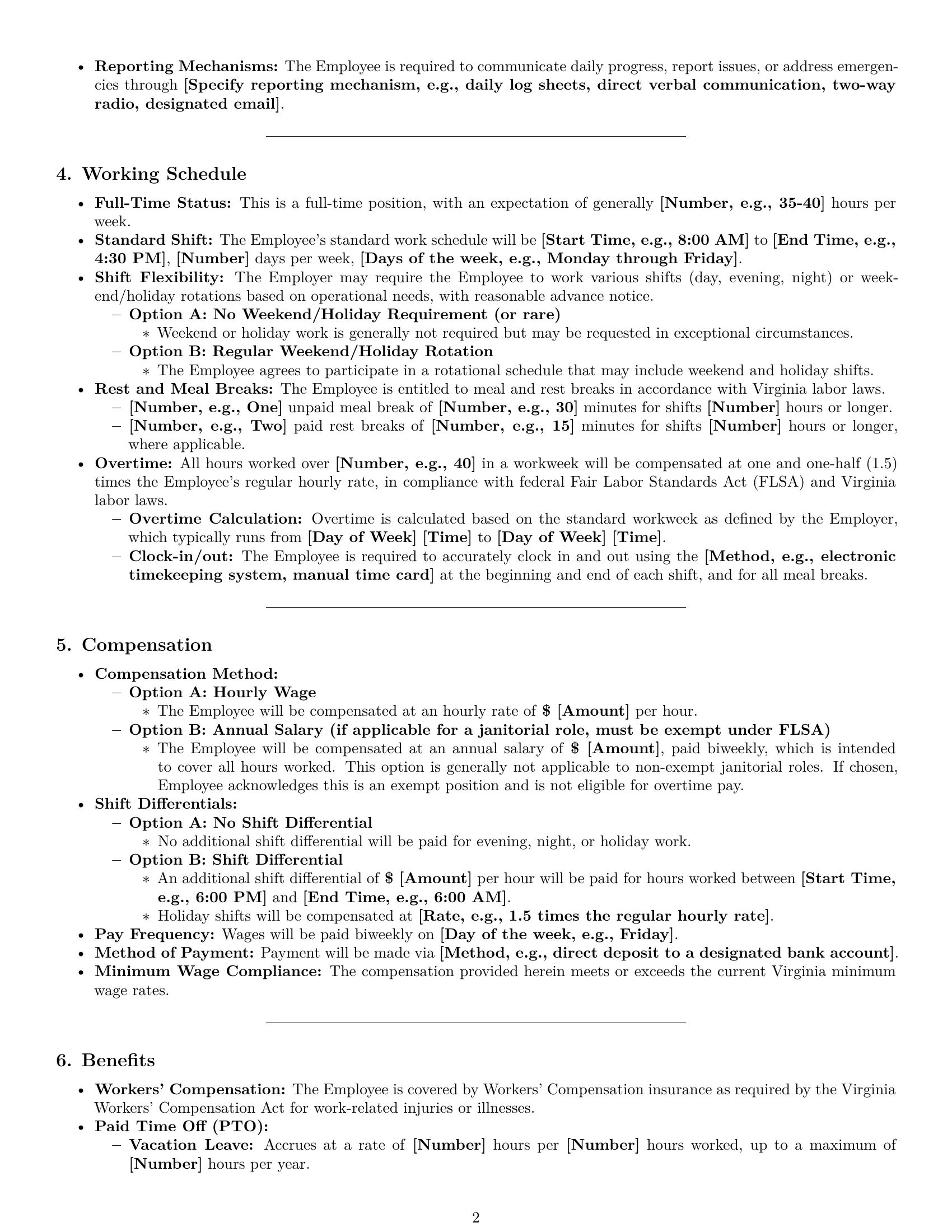 Preview page 2 of Pro Virginia janitor employment contract template