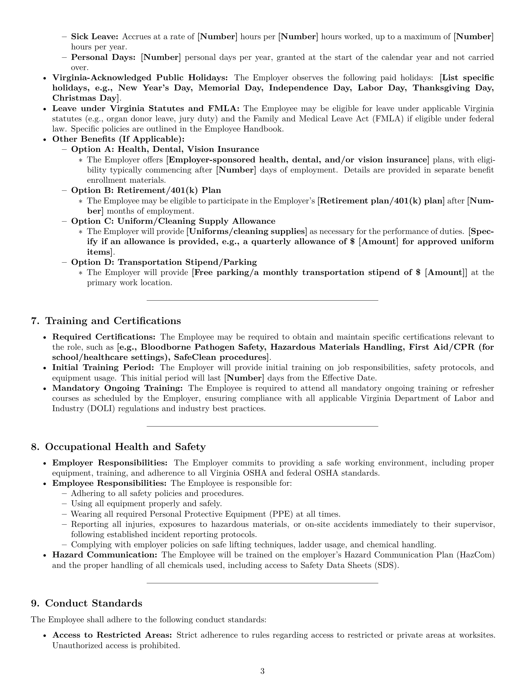 Preview page 3 of Pro Virginia janitor employment contract template