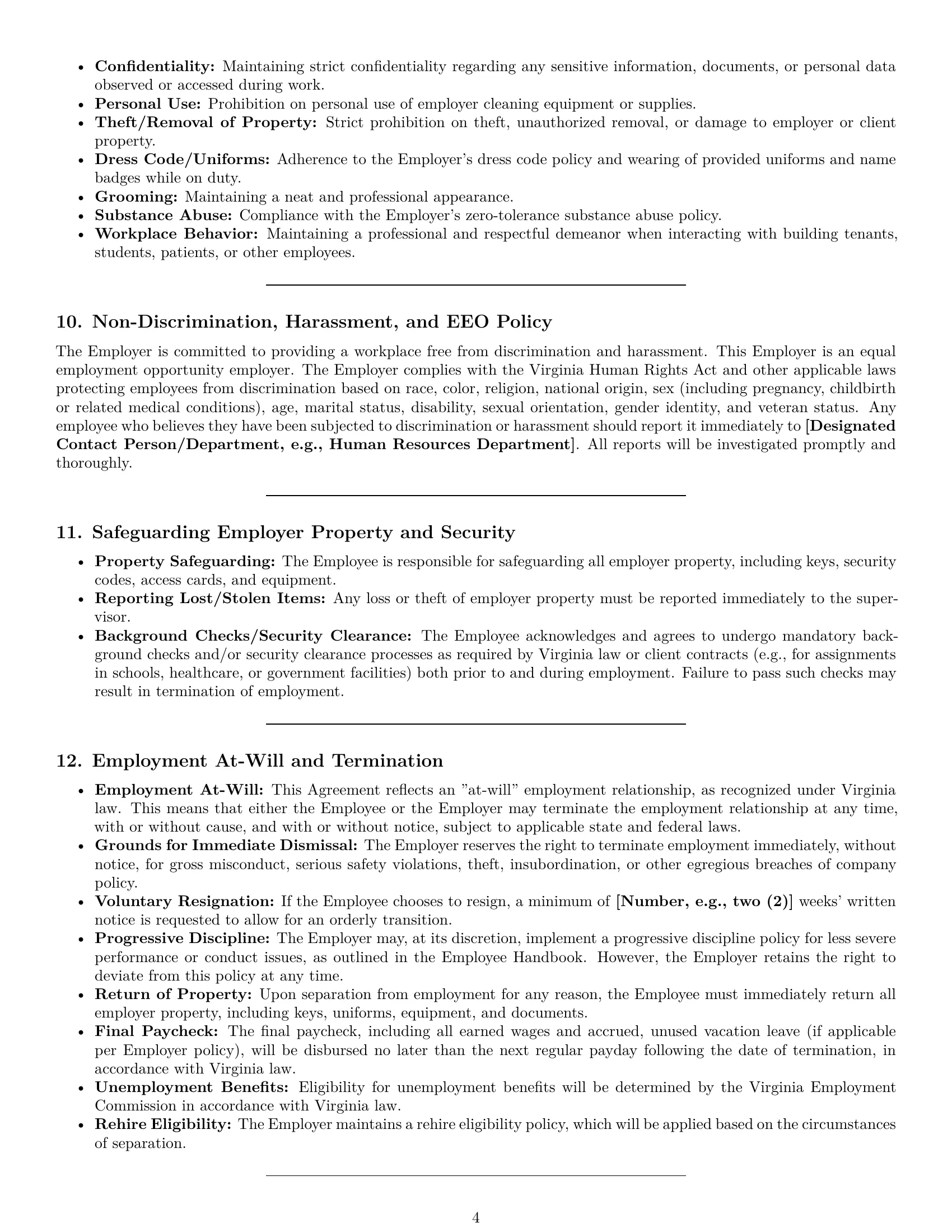 Preview page 4 of Pro Virginia janitor employment contract template