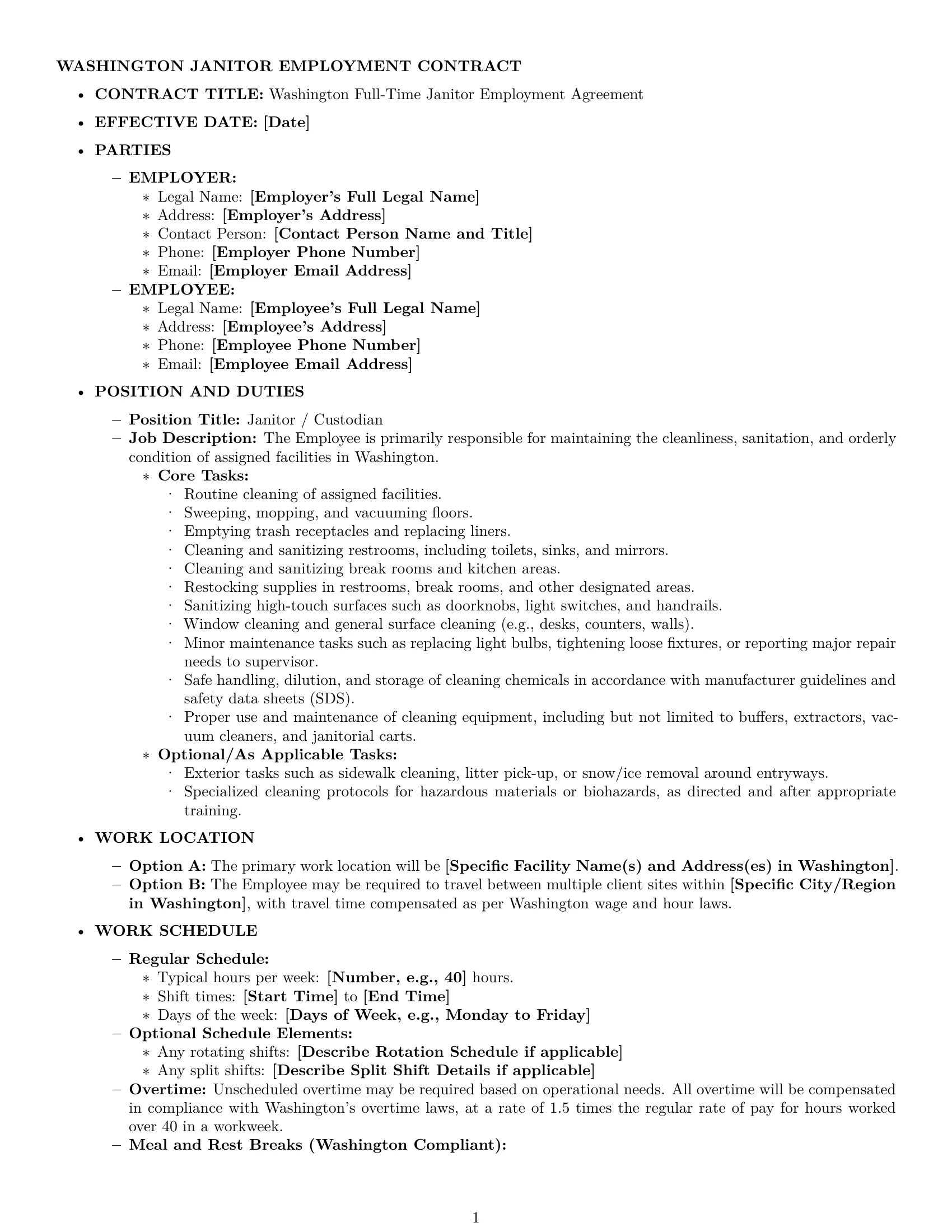 Preview page 1 of Pro Washington janitor employment contract template