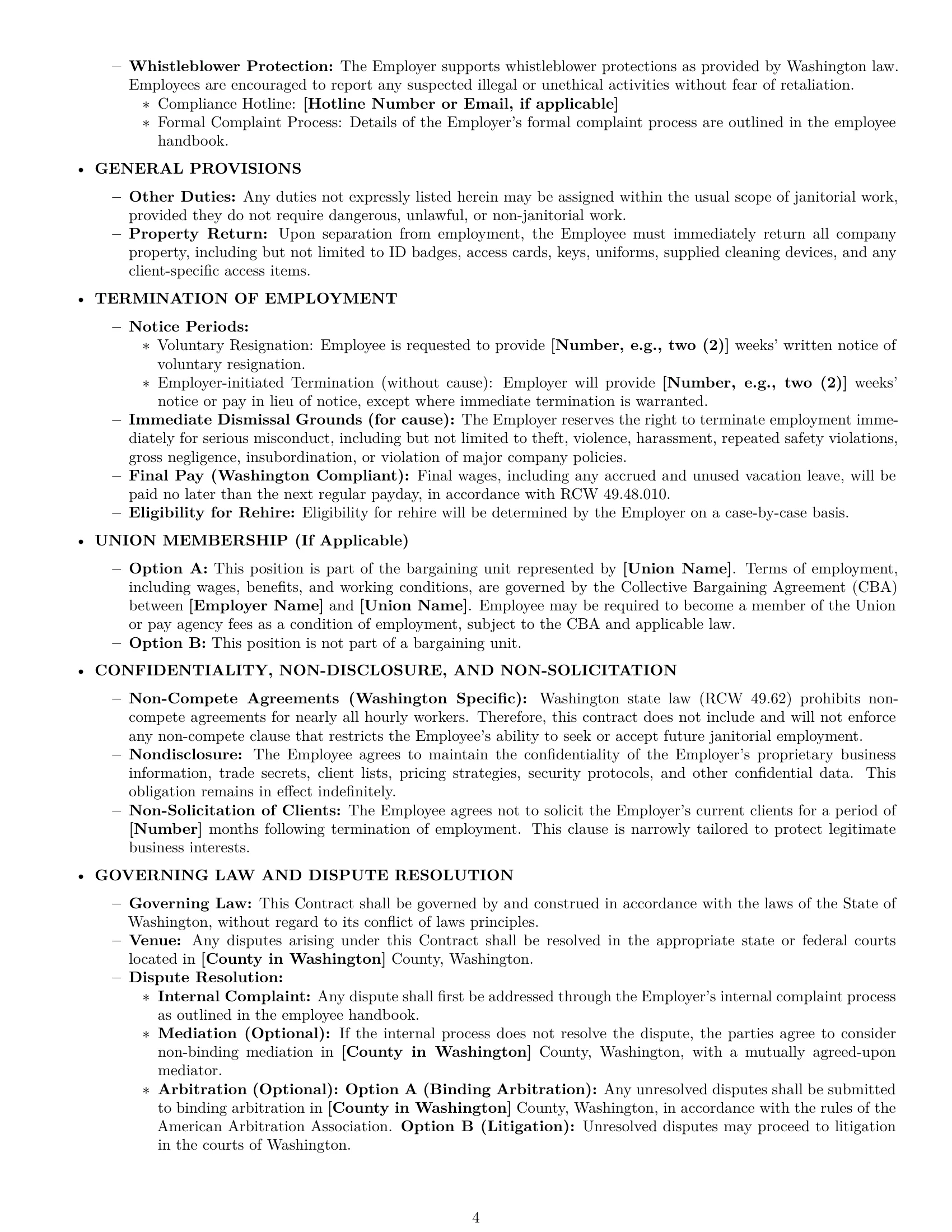 Preview page 4 of Pro Washington janitor employment contract template
