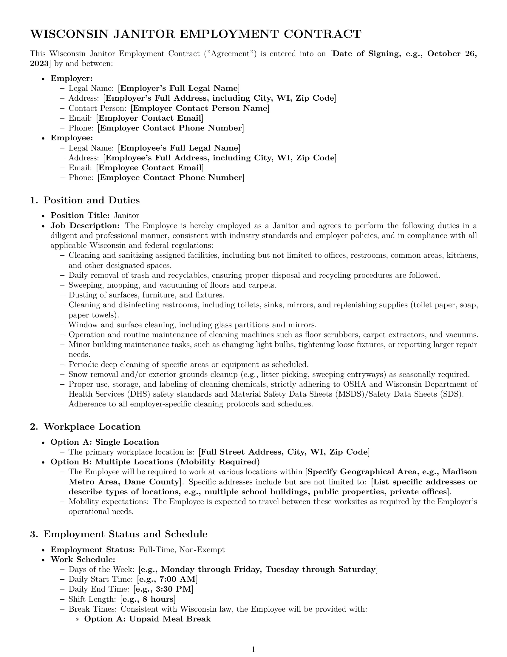 Preview page 1 of Pro Wisconsin janitor employment contract template
