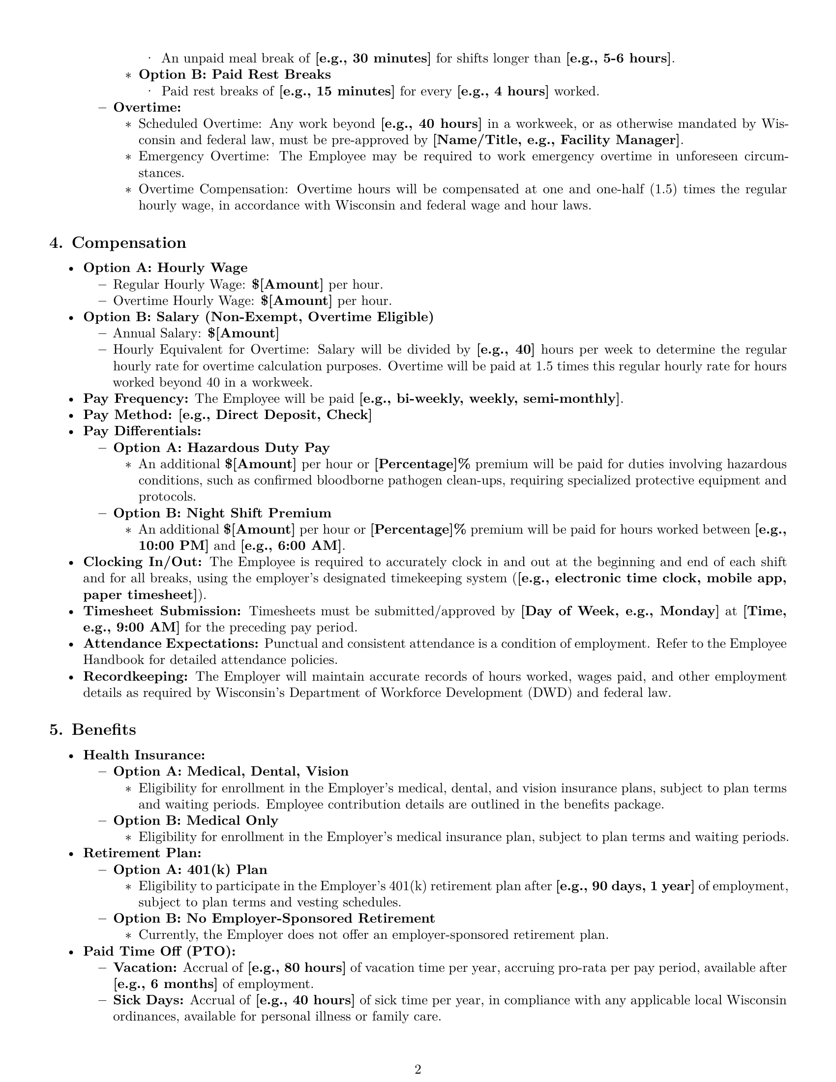 Preview page 2 of Pro Wisconsin janitor employment contract template