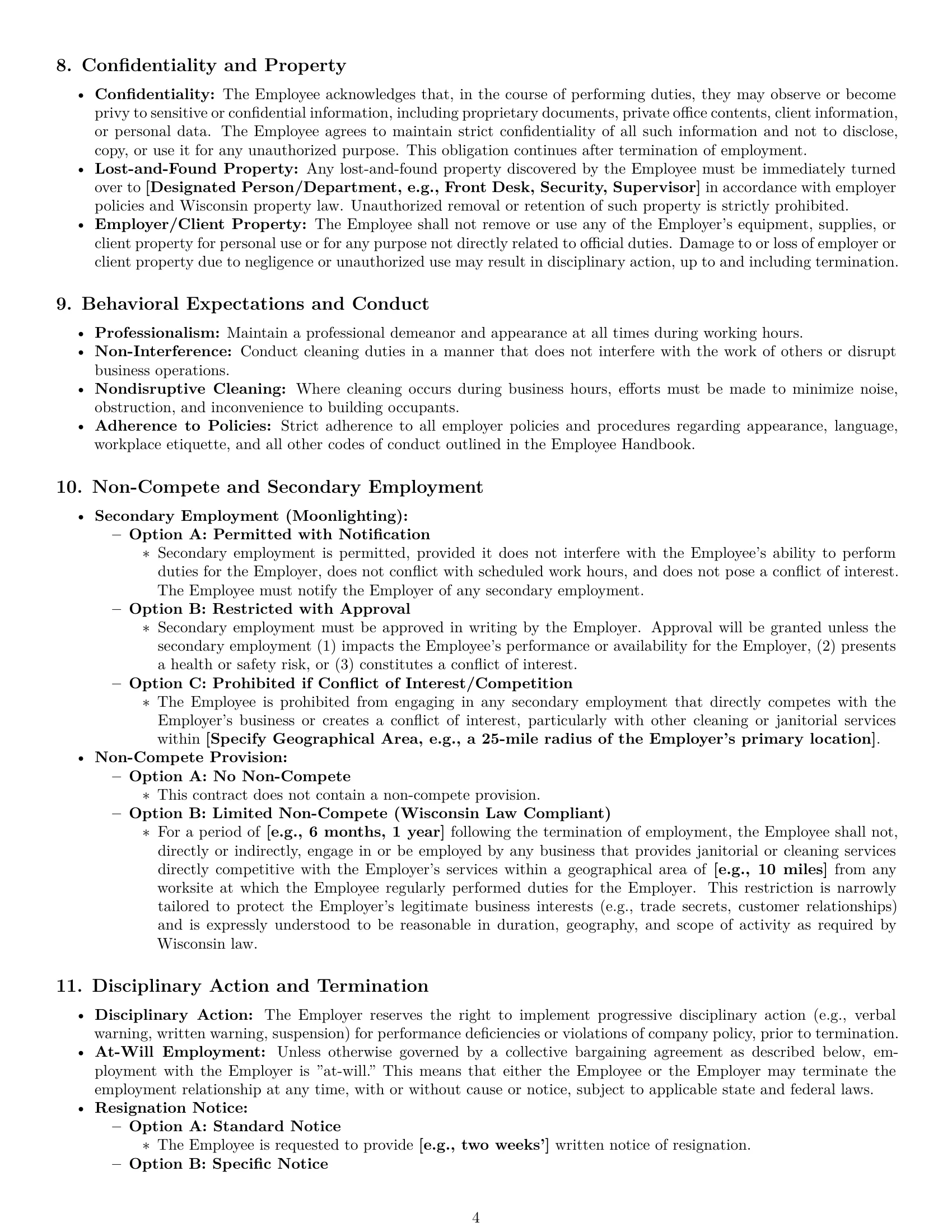 Preview page 4 of Pro Wisconsin janitor employment contract template