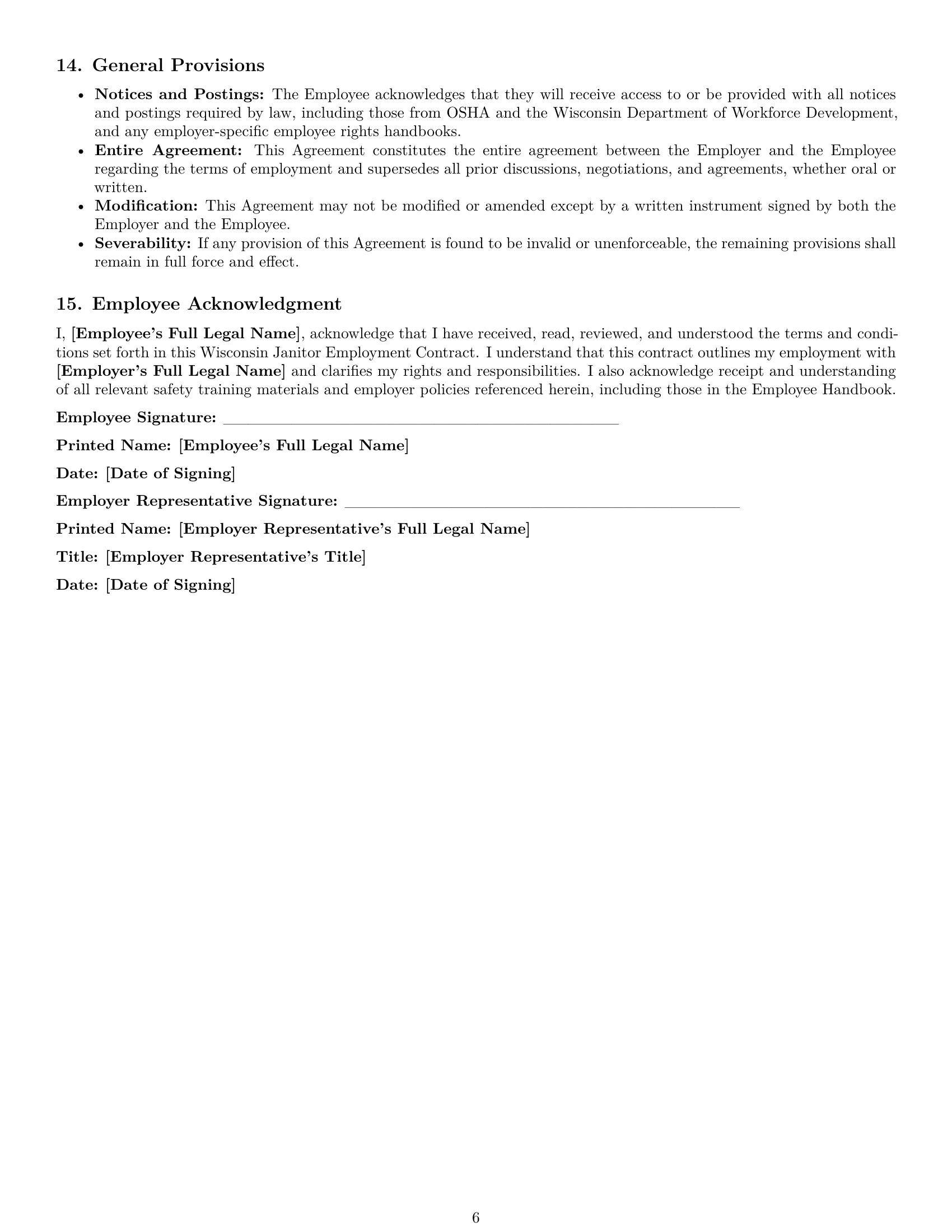 Preview page 6 of Pro Wisconsin janitor employment contract template