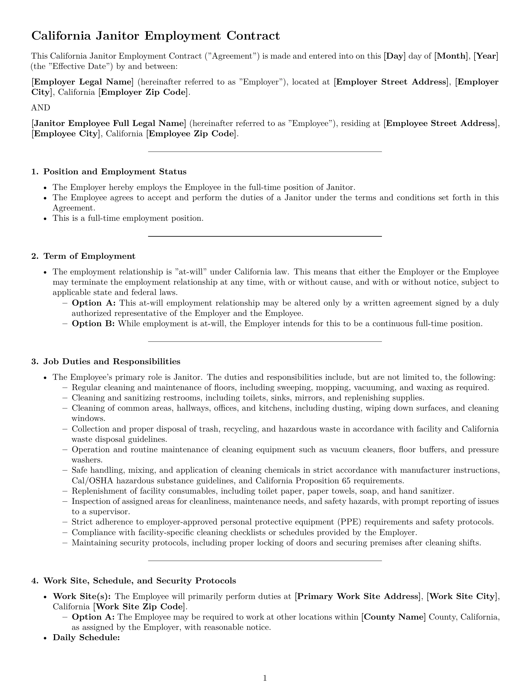 Preview page 1 of Pro California janitor employment contract template