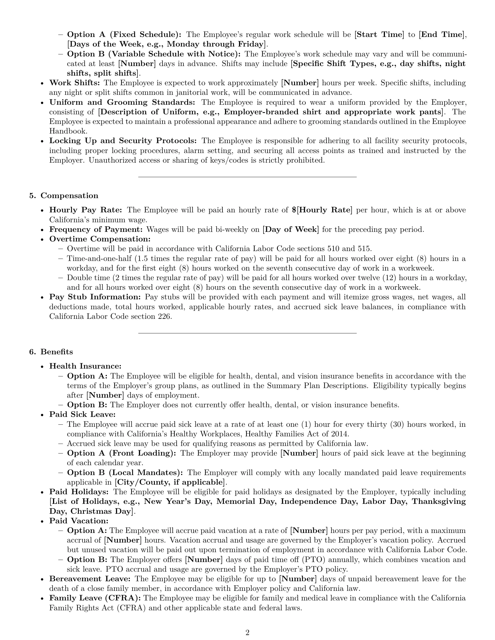Preview page 2 of Pro California janitor employment contract template