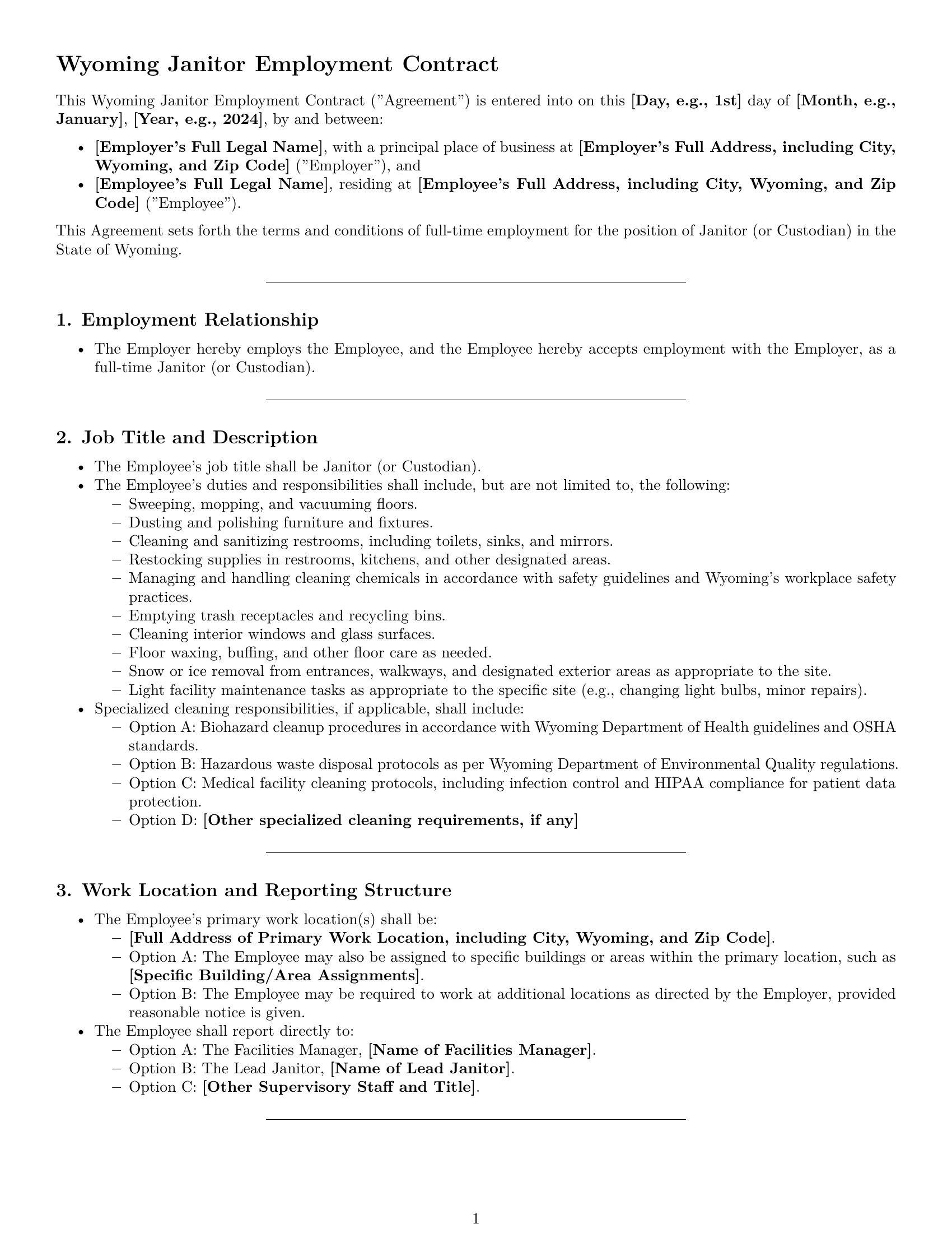 Preview page 1 of Pro Wyoming janitor employment contract template