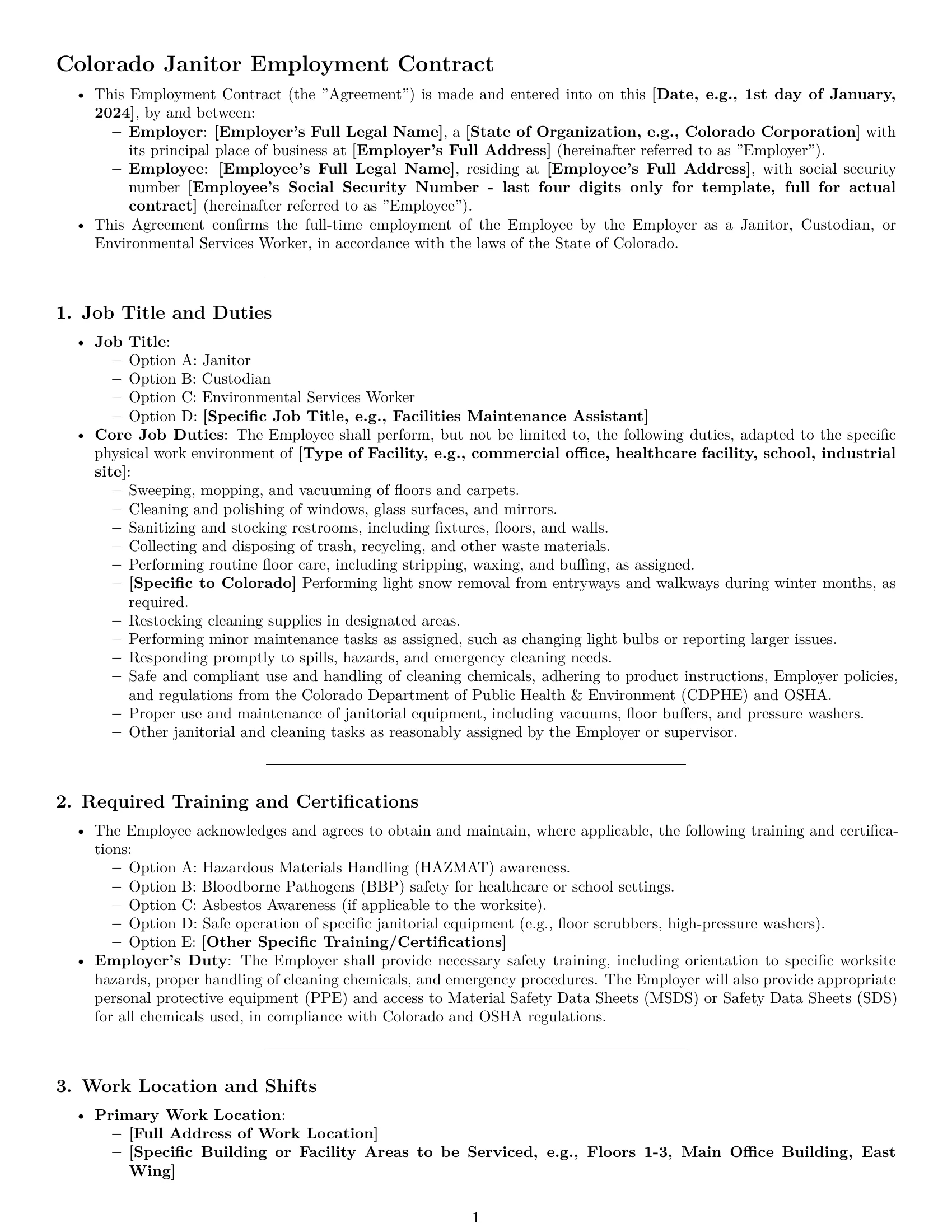 Preview page 1 of Pro Colorado janitor employment contract template