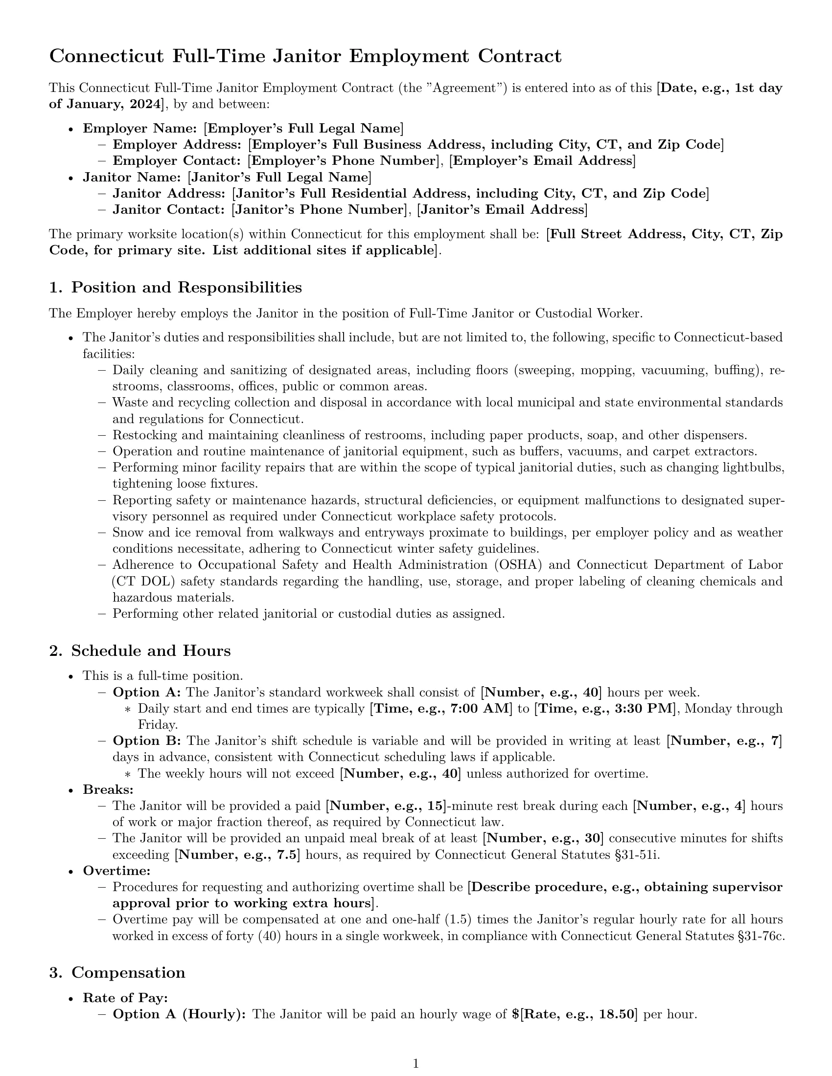 Preview page 1 of Pro Connecticut janitor employment contract template