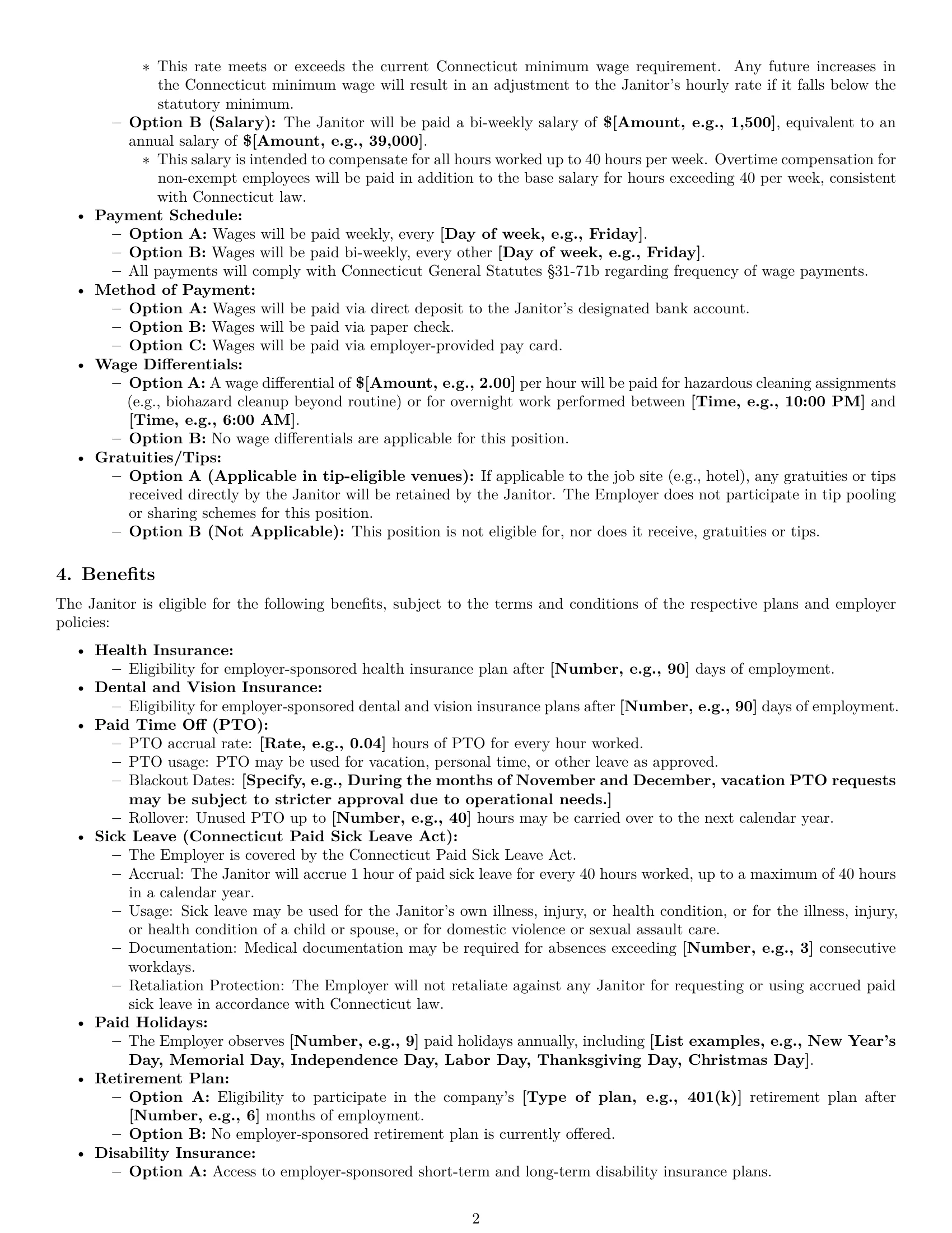 Preview page 2 of Pro Connecticut janitor employment contract template