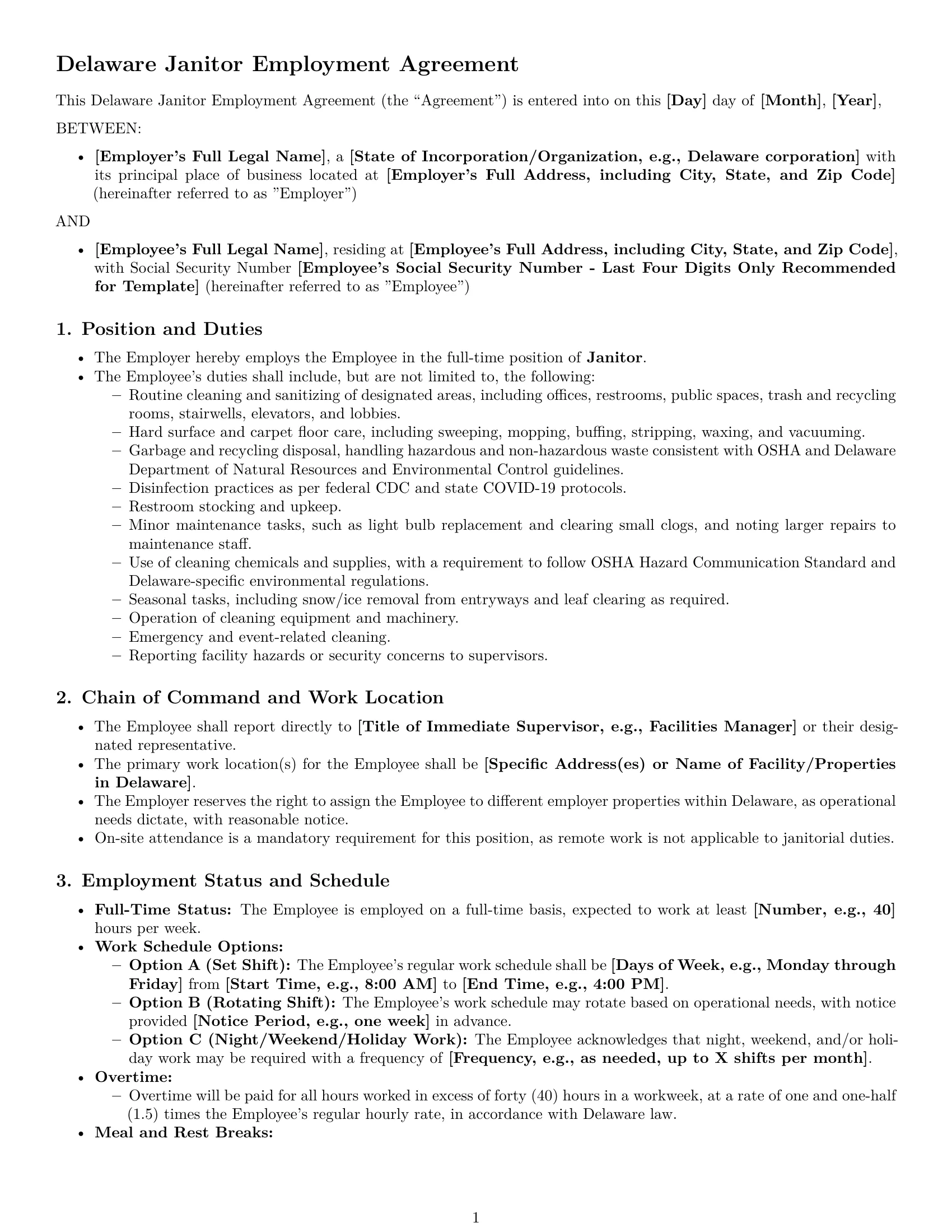 Preview page 1 of Pro Delaware janitor employment contract template