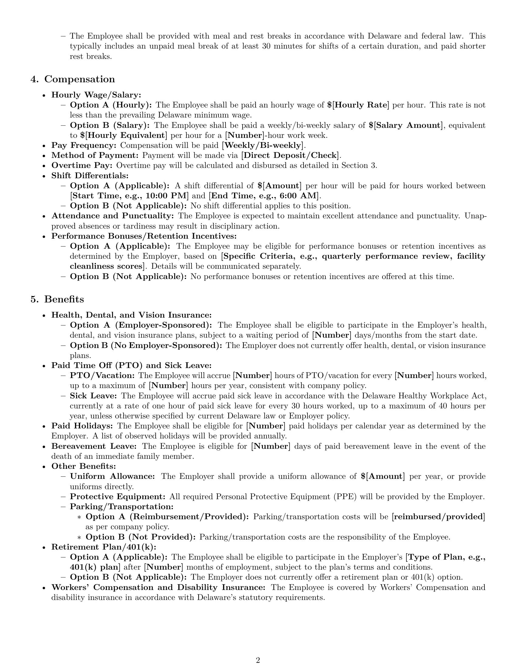 Preview page 2 of Pro Delaware janitor employment contract template