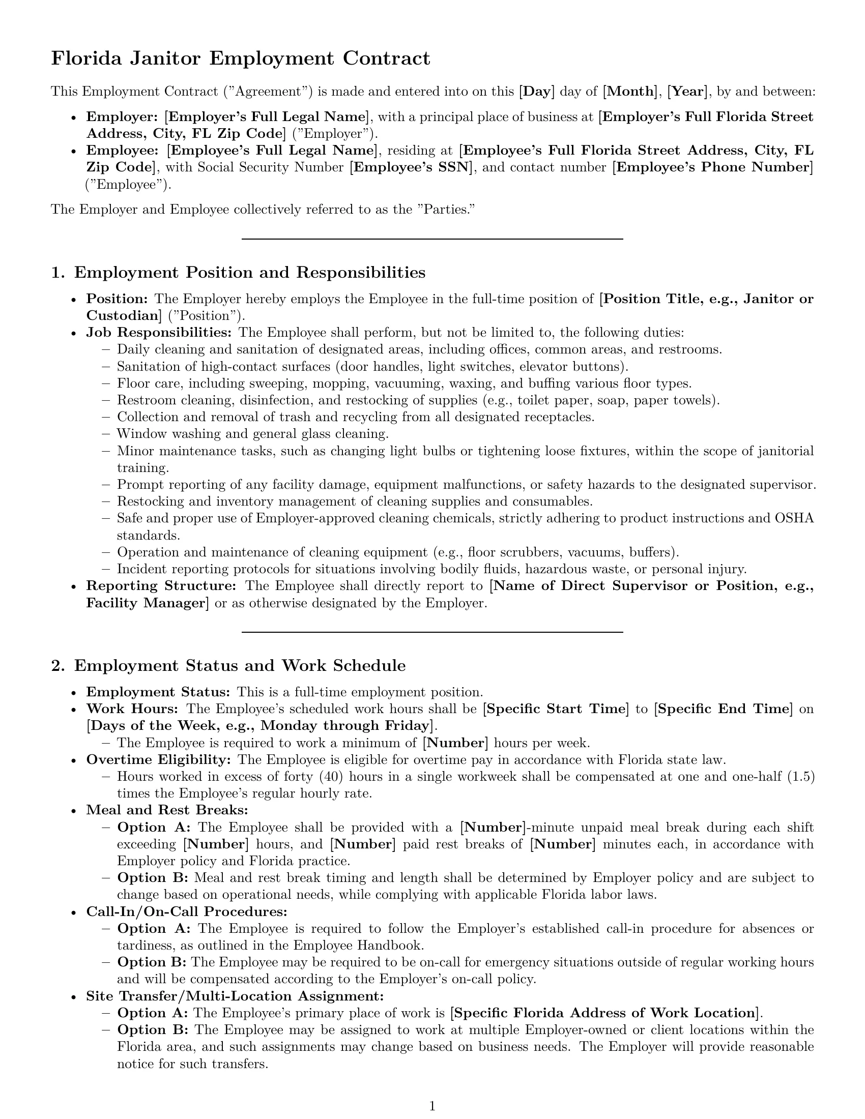 Preview page 1 of Pro Florida janitor employment contract template