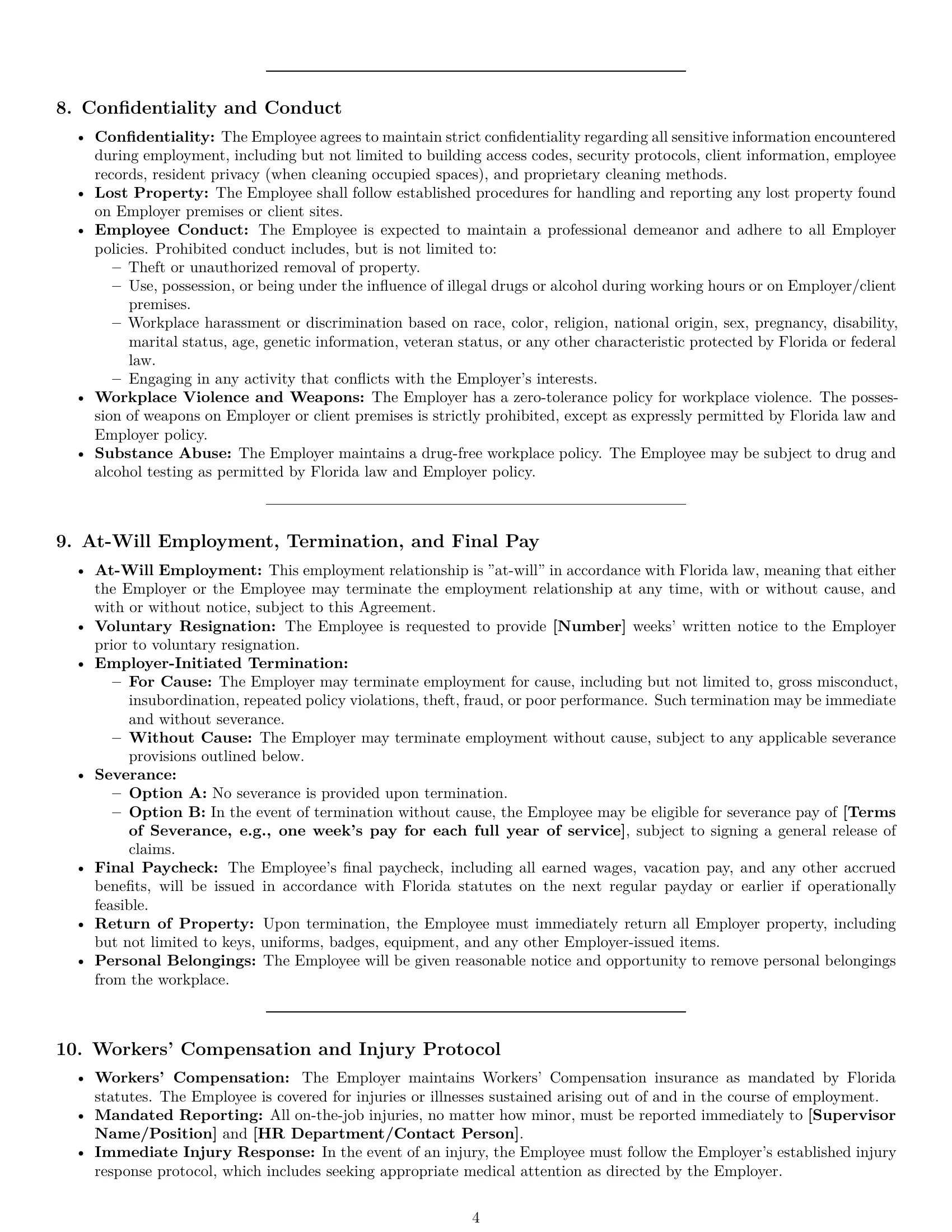 Preview page 4 of Pro Florida janitor employment contract template