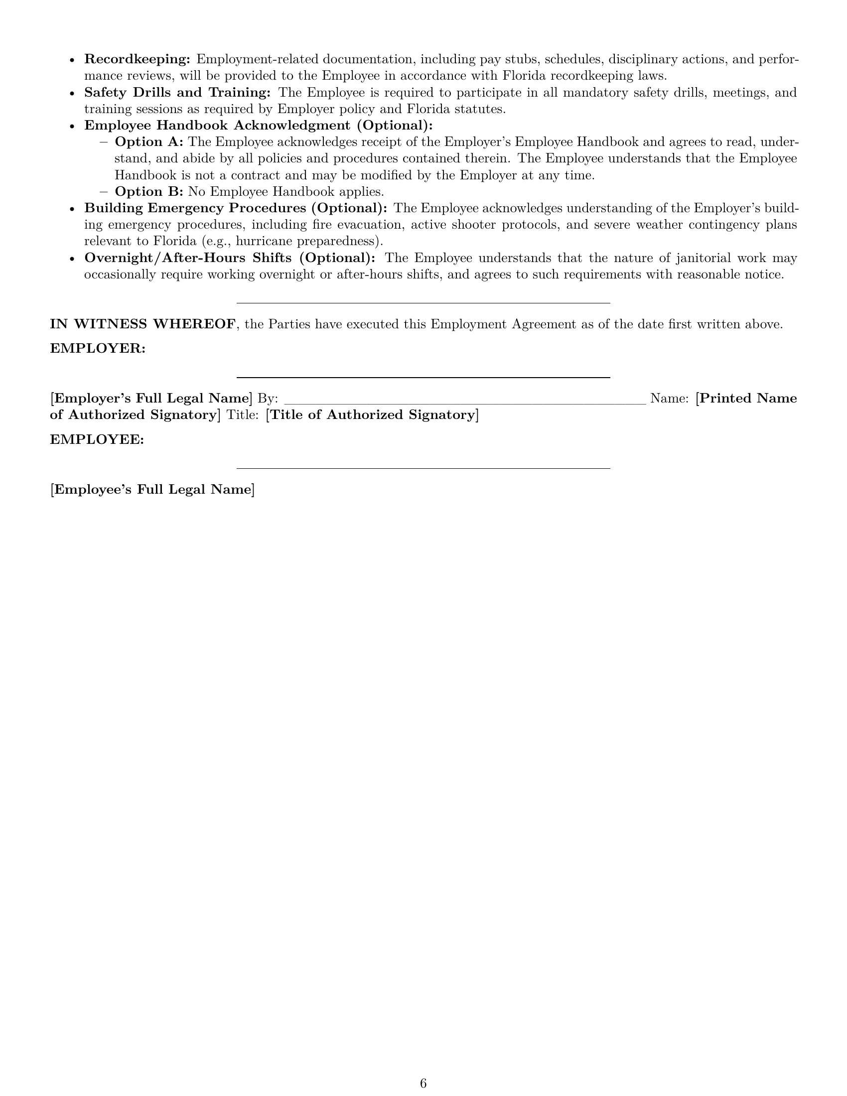Preview page 6 of Pro Florida janitor employment contract template