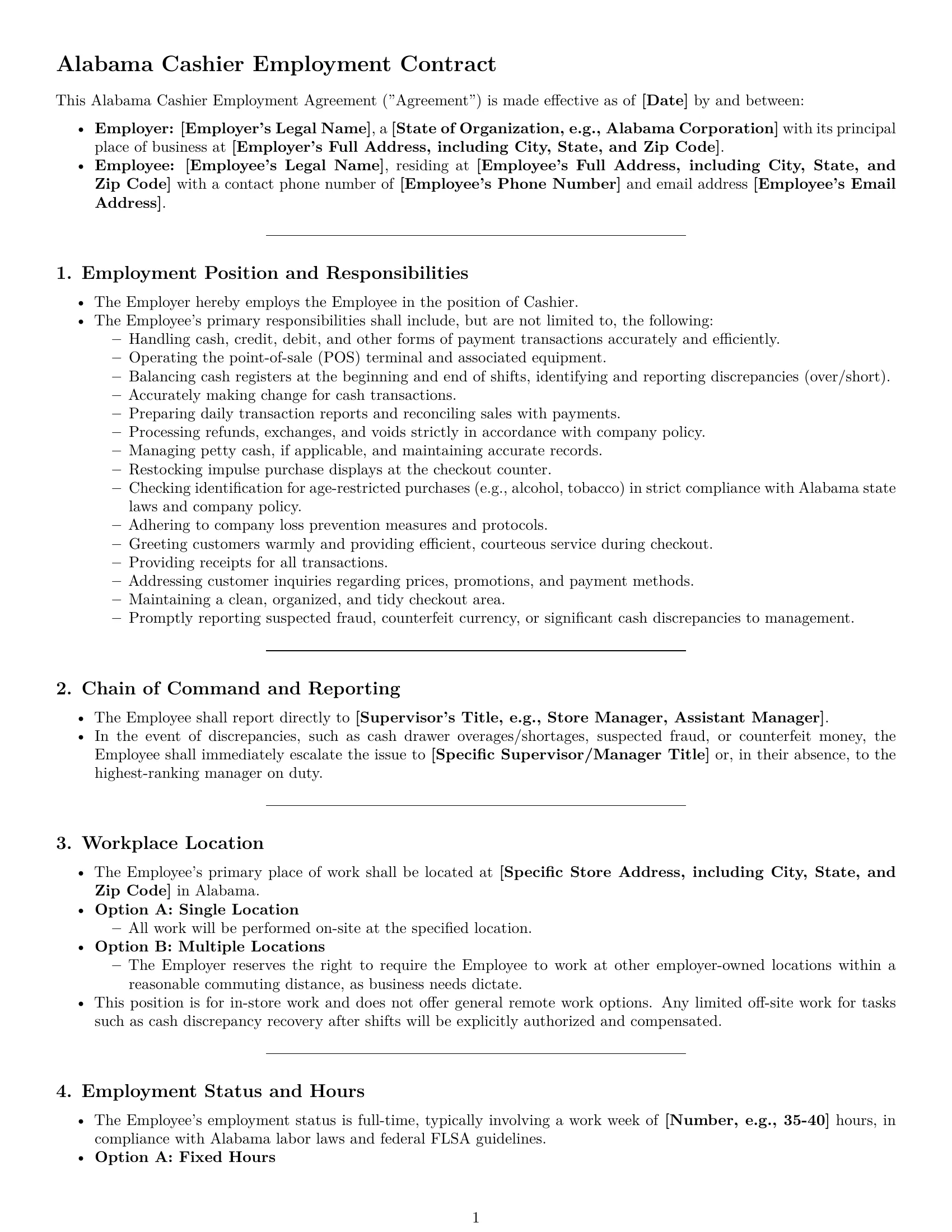 Preview page 1 of Pro Alabama cashier employment contract template