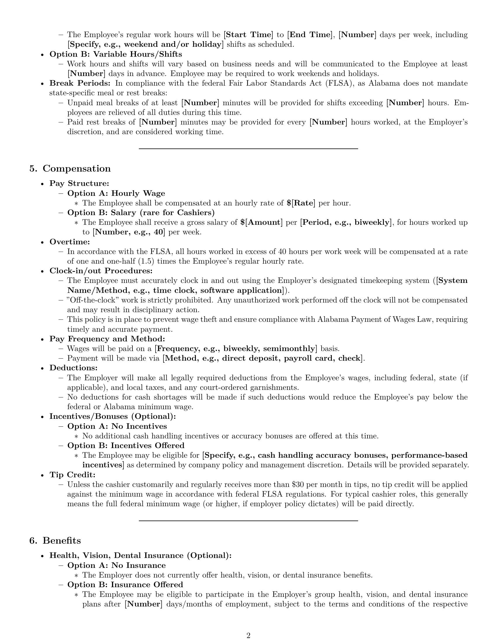 Preview page 2 of Pro Alabama cashier employment contract template