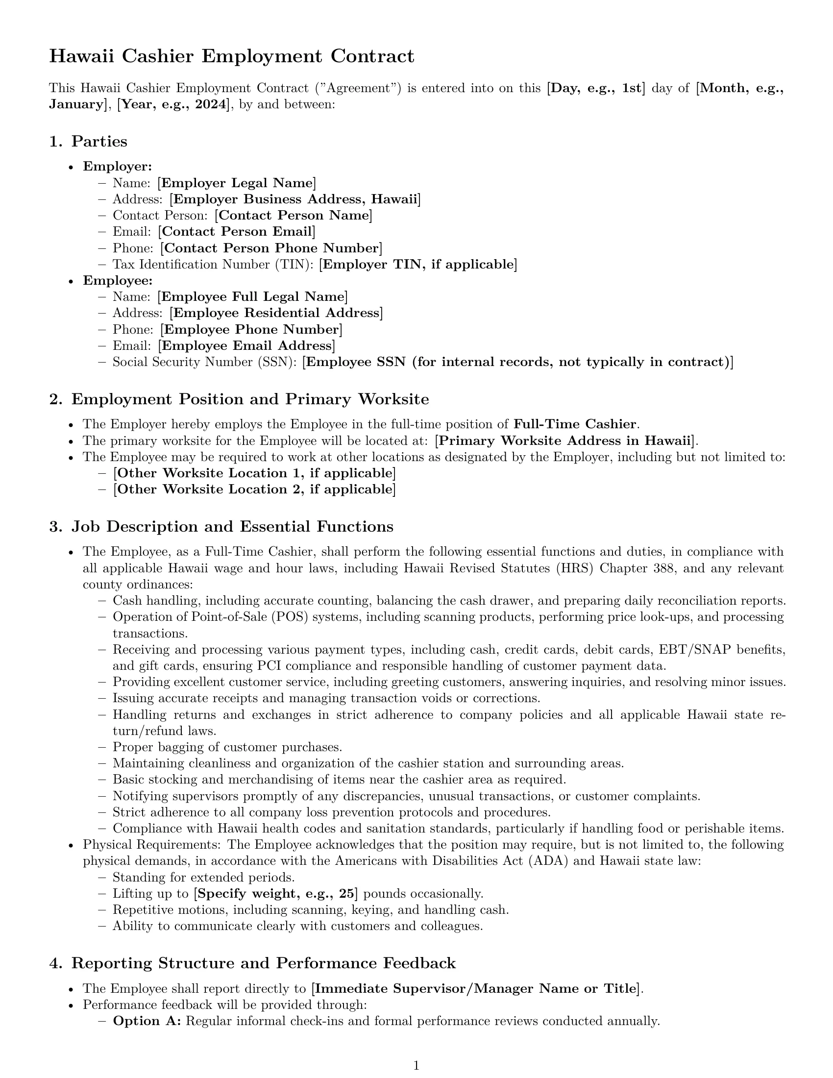 Preview page 1 of Pro Hawaii cashier employment contract template