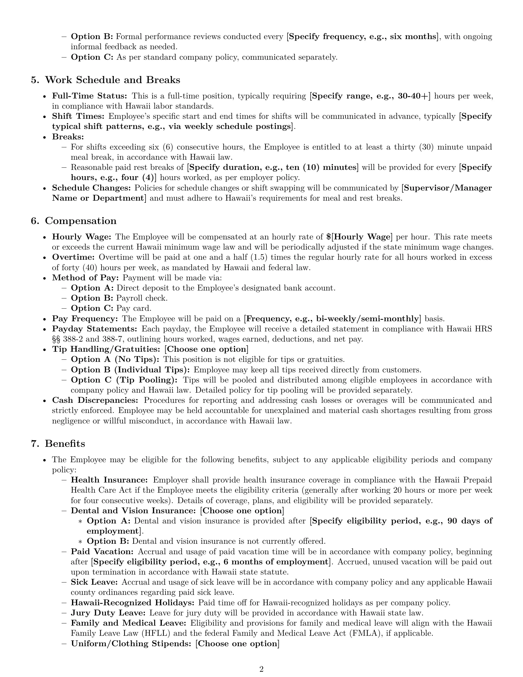 Preview page 2 of Pro Hawaii cashier employment contract template