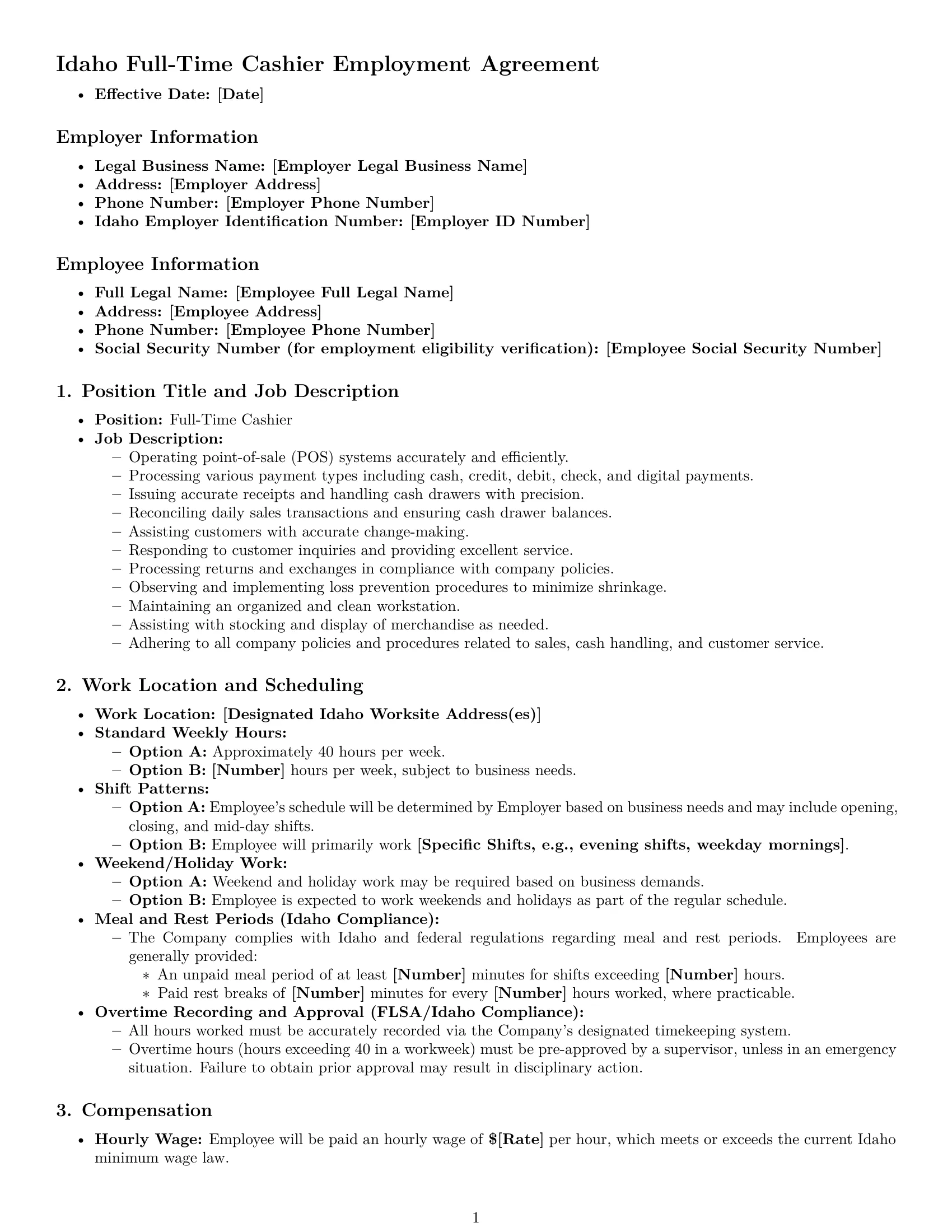 Preview page 1 of Pro Idaho cashier employment contract template