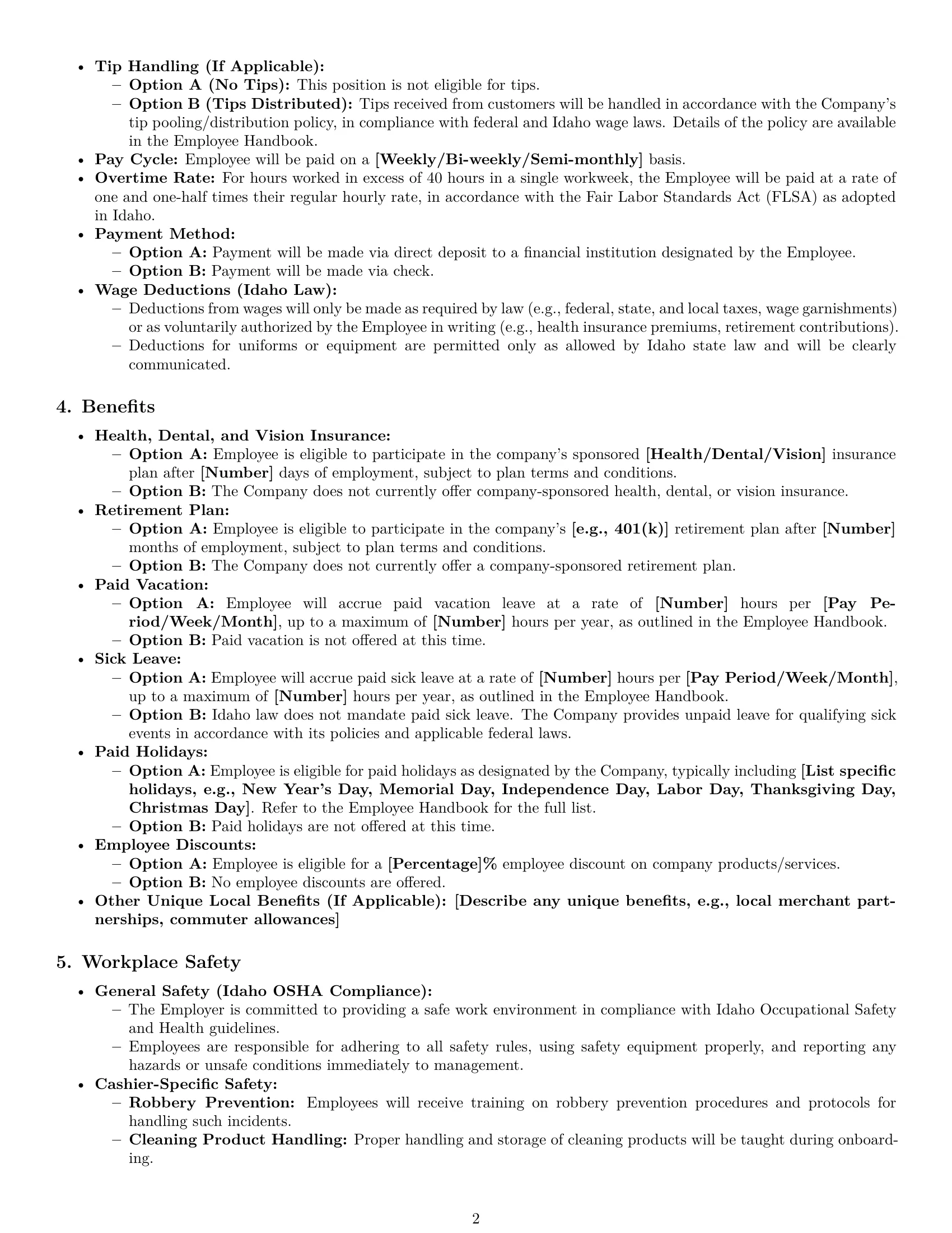 Preview page 2 of Pro Idaho cashier employment contract template