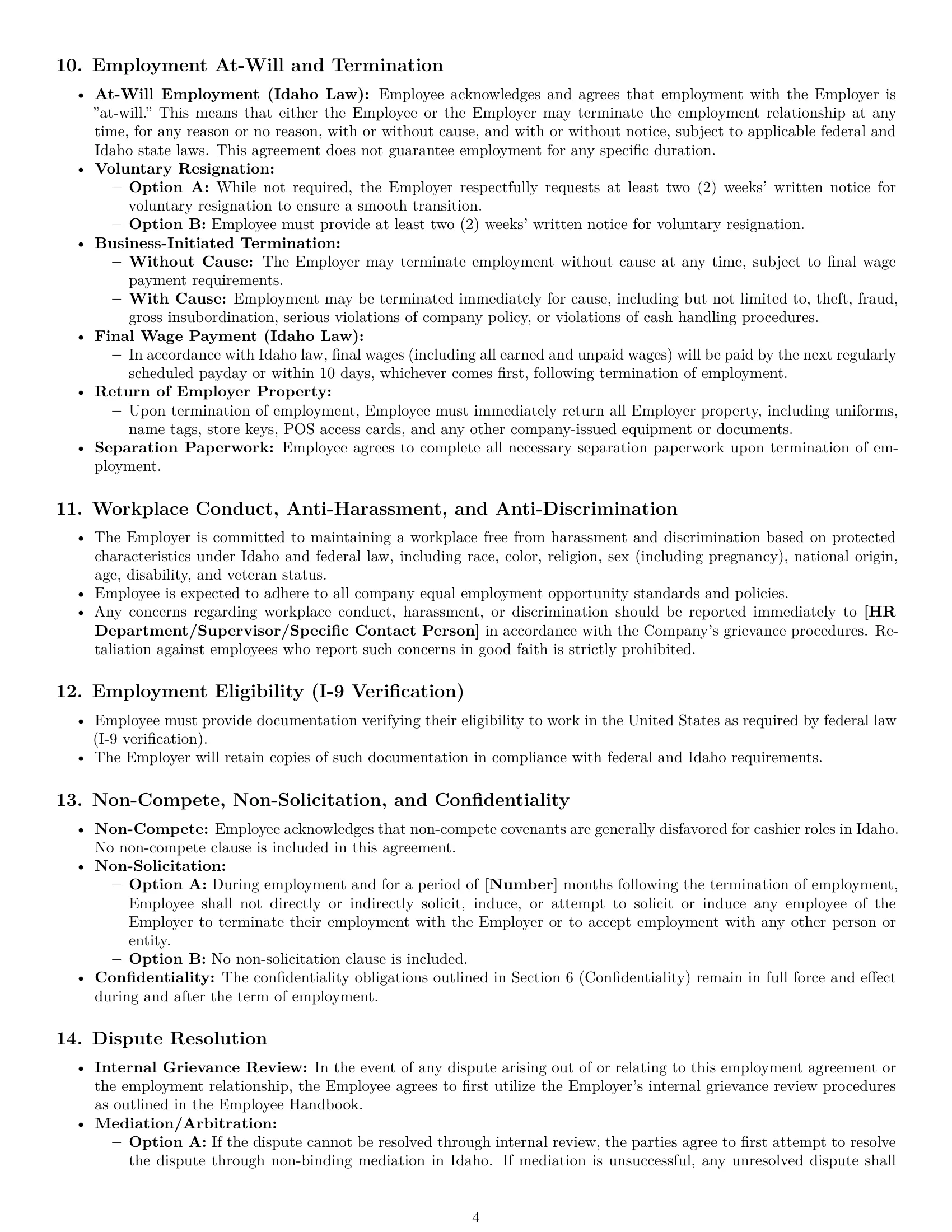Preview page 4 of Pro Idaho cashier employment contract template
